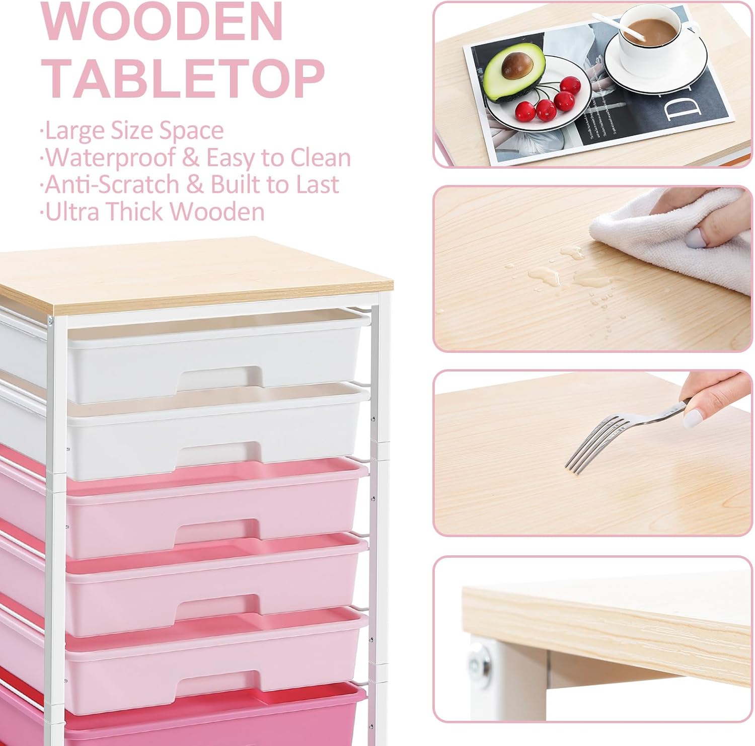 Chariot de Salle de Bain - 8 tiroirs, roulettes, plateau bois, rose, grande capacité