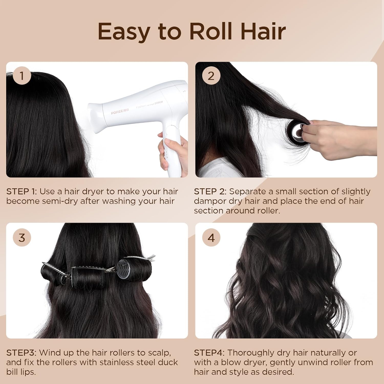 Romon - Bigoudis cheveux set 31 pcs, 3 tailles, pinces, peigne