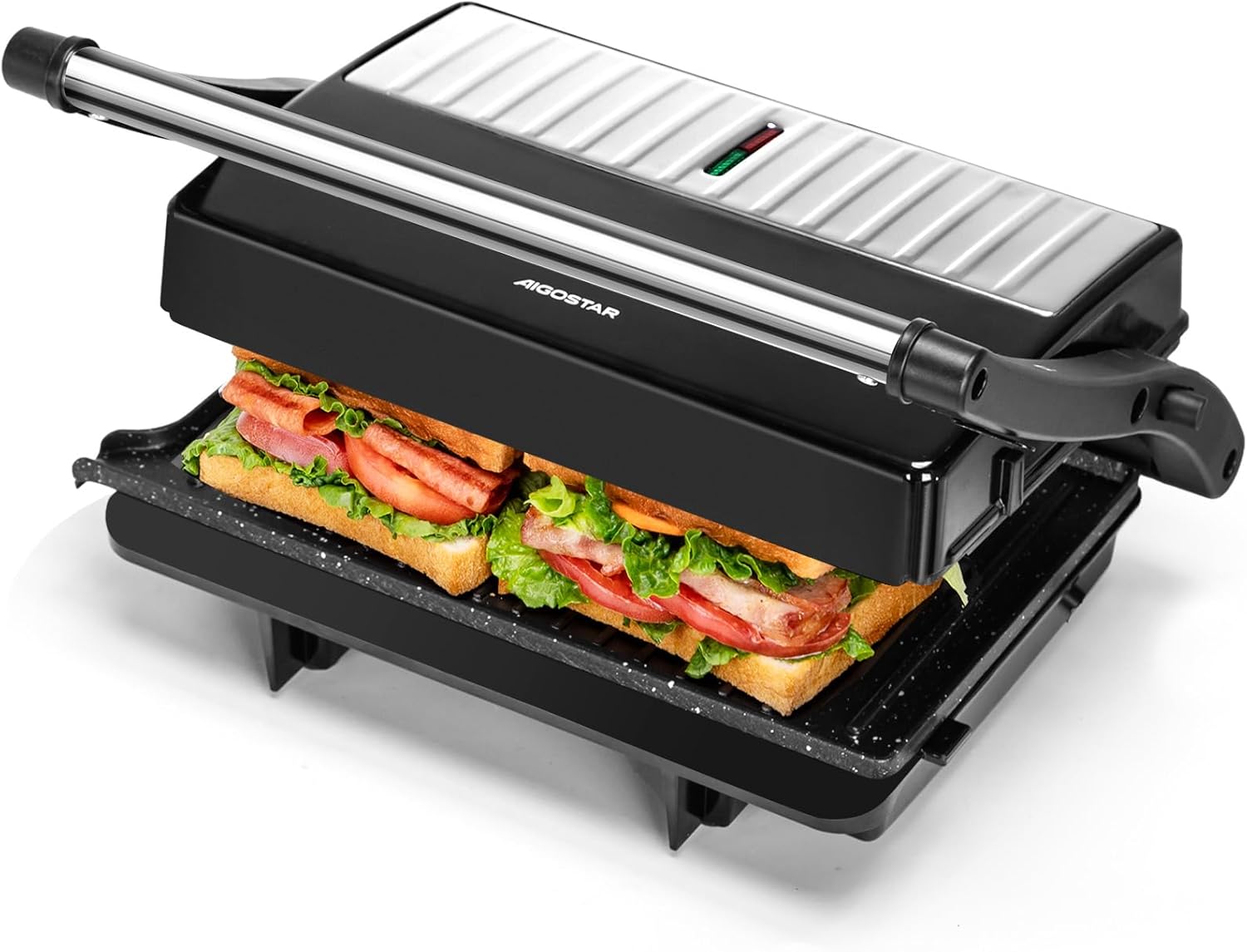 Aigostar - York Pro - grill panini 1000W, plaques antiadhésives, ouverture 180°