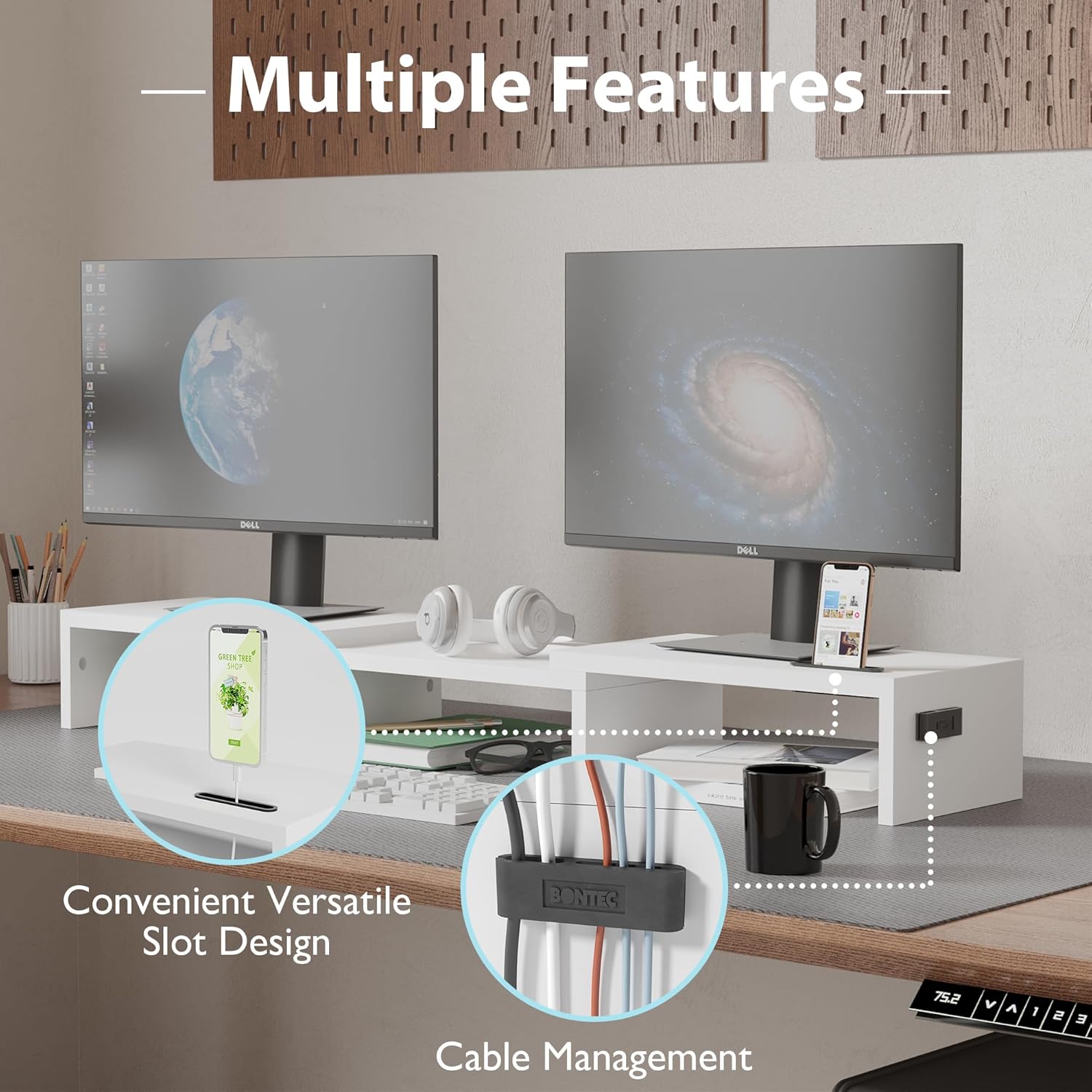 BONTEC - Support moniteur double réglable bois, blanc, longueur ajustable
