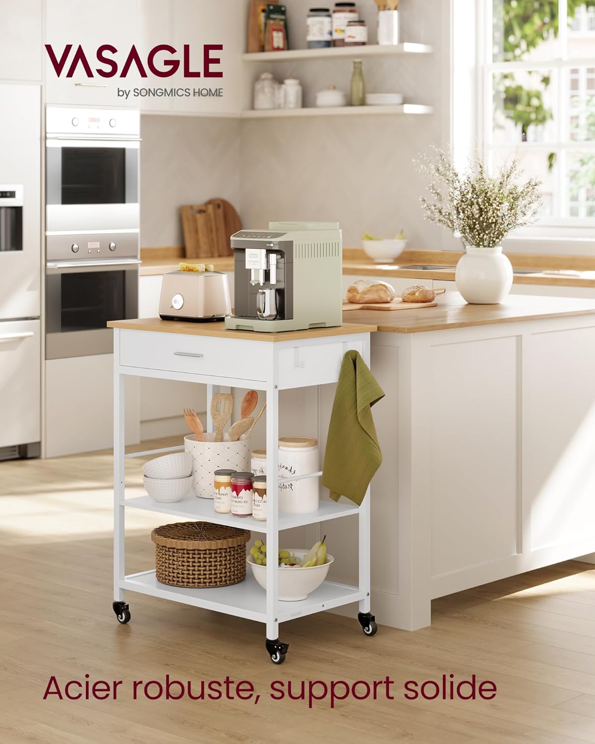 VASAGLE - îlot cuisine mobile, 45x60x90 cm, tiroir, crochets, KKI007Y01