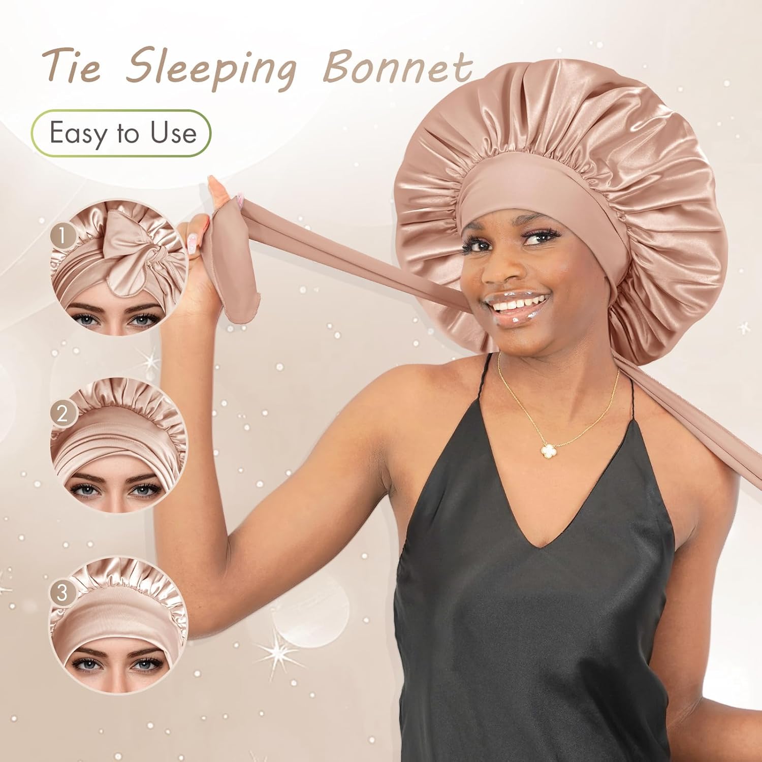 BONNET QUEEN - bonnet satin ajustable - grand - élastique long, champagne, pour cheveux bouclés