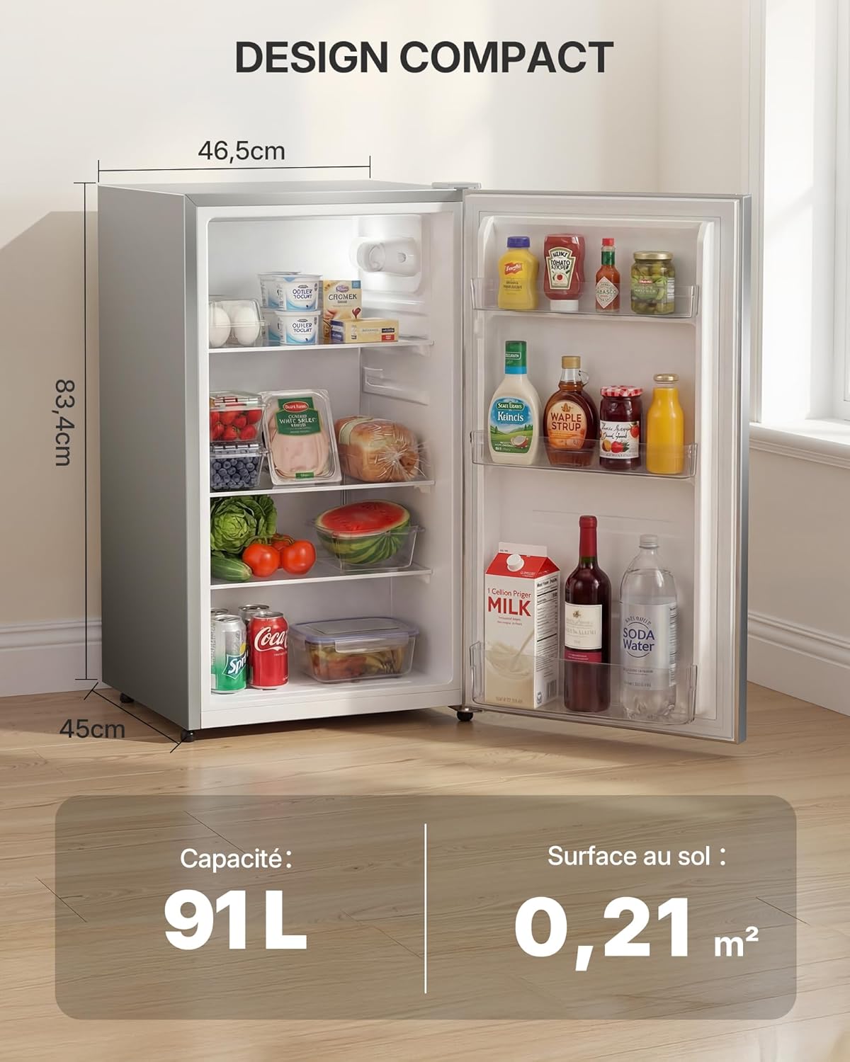 Upstreman - CR91 - 91L - Frigo compact argenté, thermostat réglable, silencieux