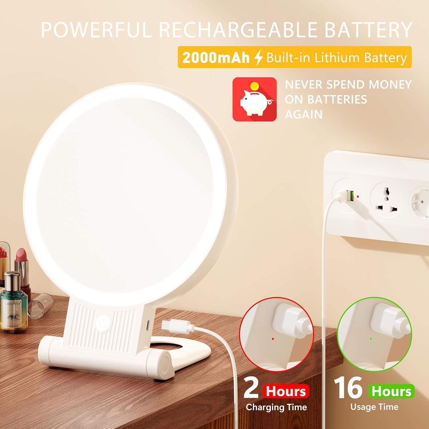 Auxmir - miroir maquillage double face 30X/1X, LED, rechargeable, pliable