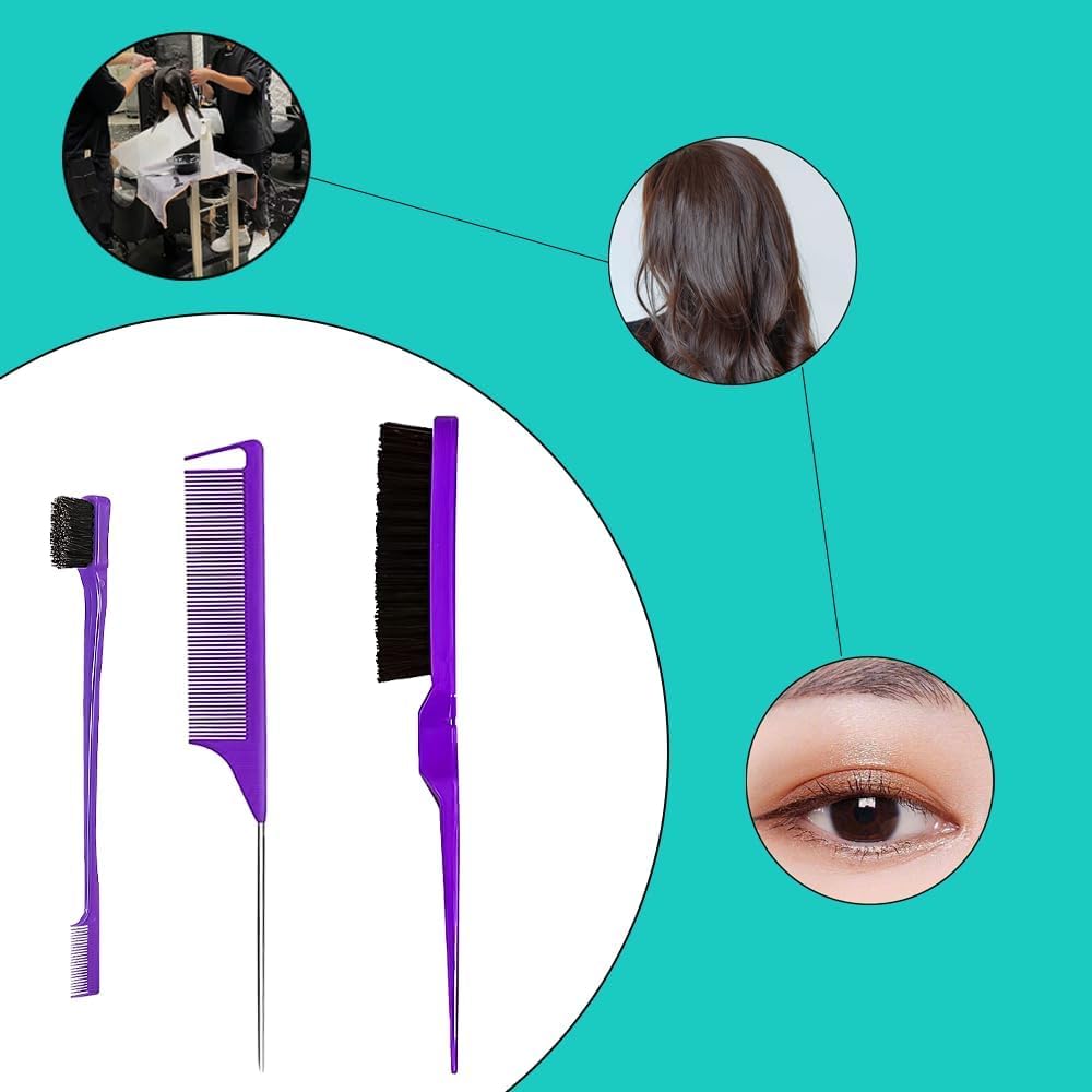 Peigne de cheveux - set 3 pièces - queue de rat, double tranchant, brosse violette