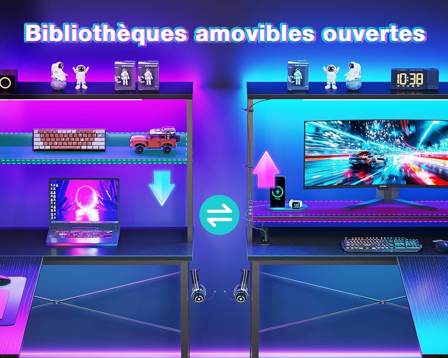Coleshome - Bureau gaming LED réversible 135x100cm, étagères, rangement