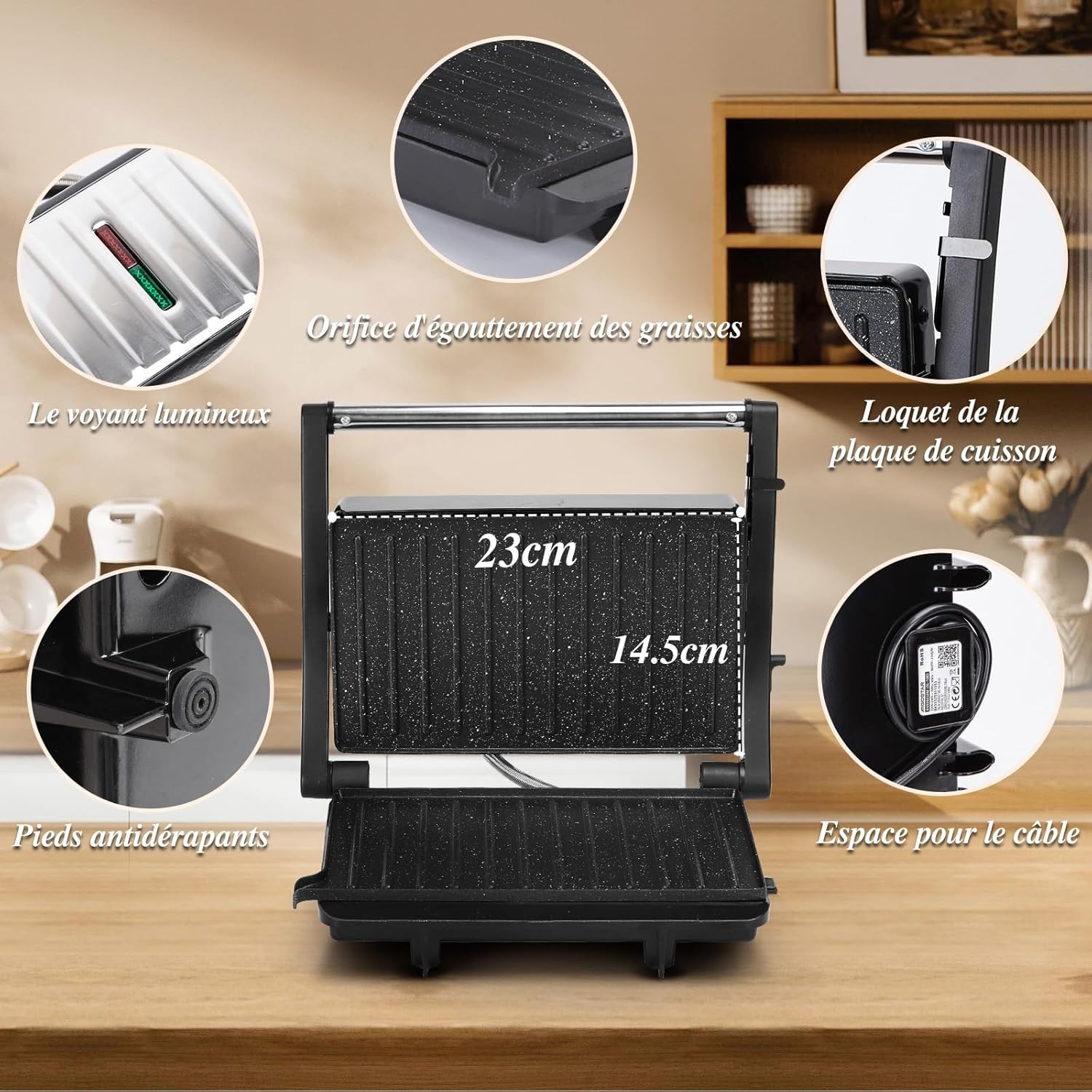 Aigostar - York Pro - grill panini 1000W, plaques antiadhésives, ouverture 180°