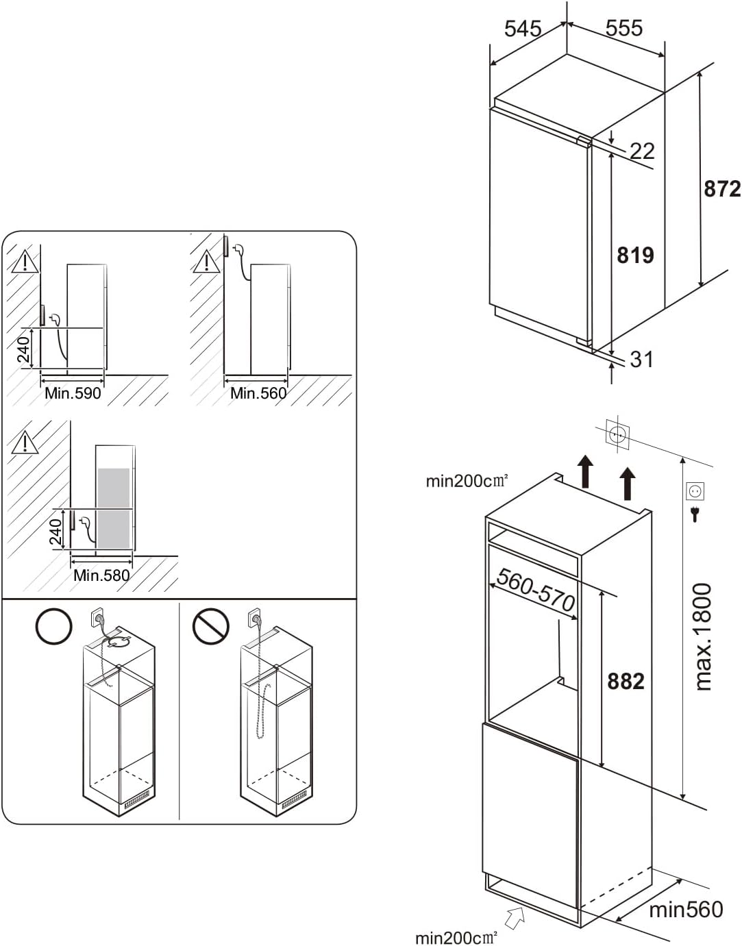 magictec - Réfrigérateur encastrable 118L, niche 88cm, poignée modulable