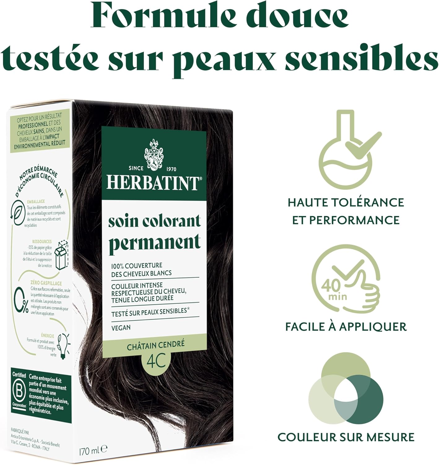 Herbatint - Soin Colorant Permanent 170ml - Sans ammoniaque, couvre 100% cheveux blancs, extraits bio