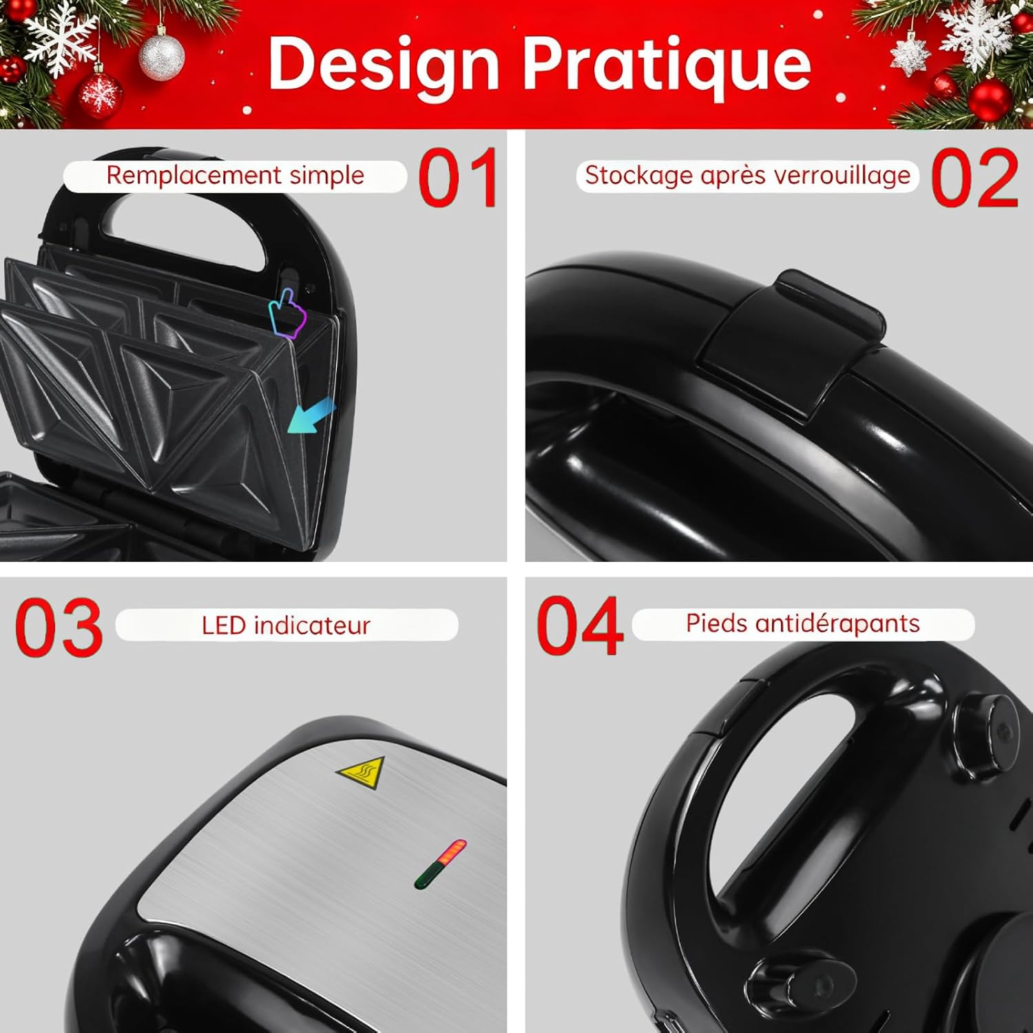 Appareil à Croque Monsieur 3 en 1 - 750W - plaques interchangeables antiadhésives - compact