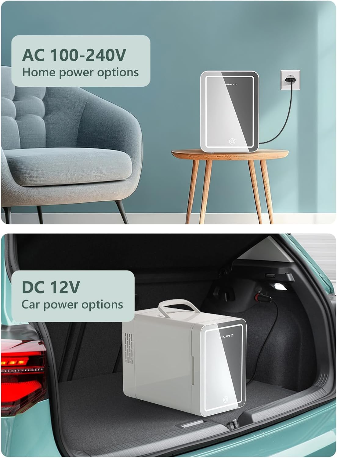 VINATO - Mini Frigo 6L - miroir LED - froid/chauffe - portable chambre