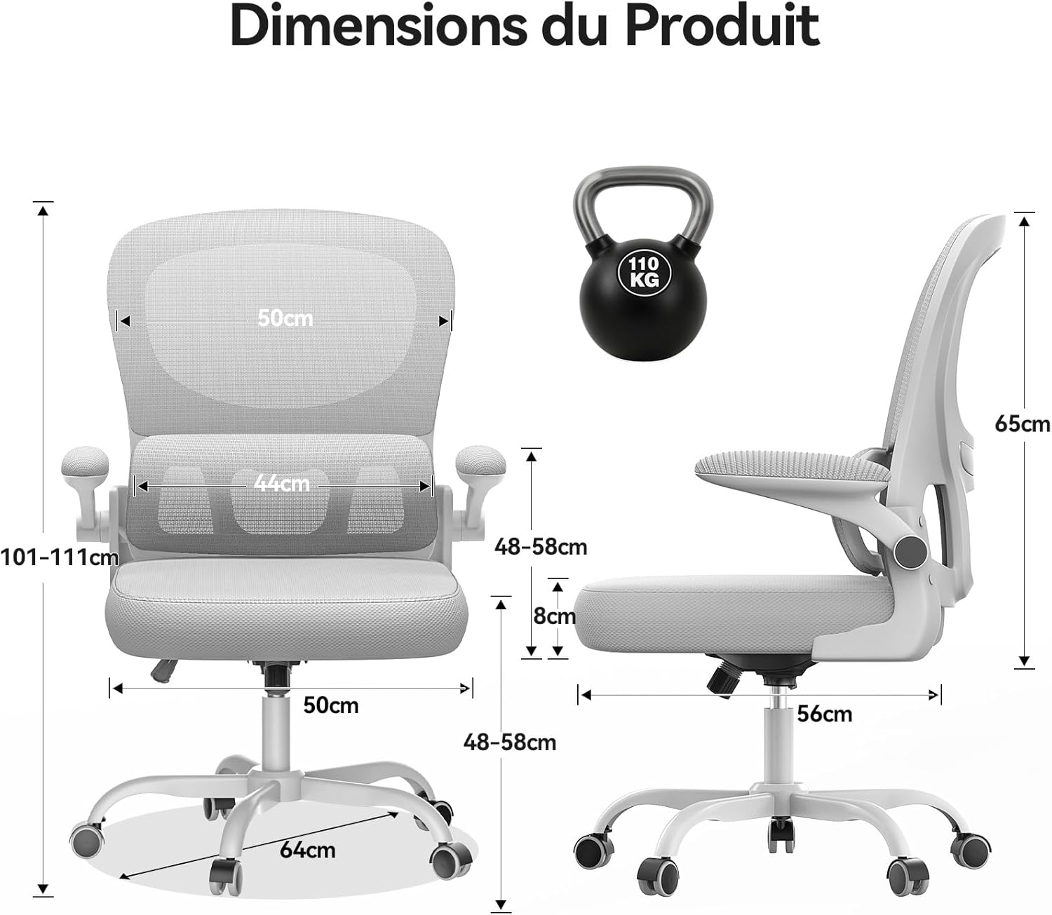 Naspaluro - chaise de bureau ergonomique, support lombaire, accoudoirs réversibles, maille respirante, gris