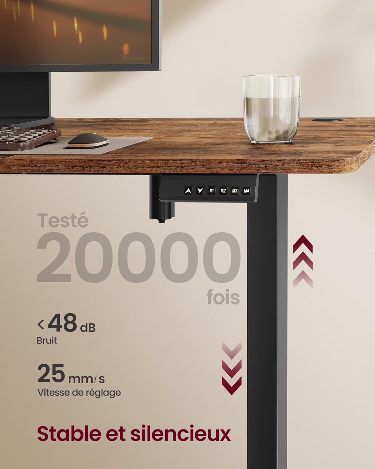 SONGMICS - Bureau électrique réglable 180x80 cm, 4 hauteurs mémorisables, marron rustique LSD138K01