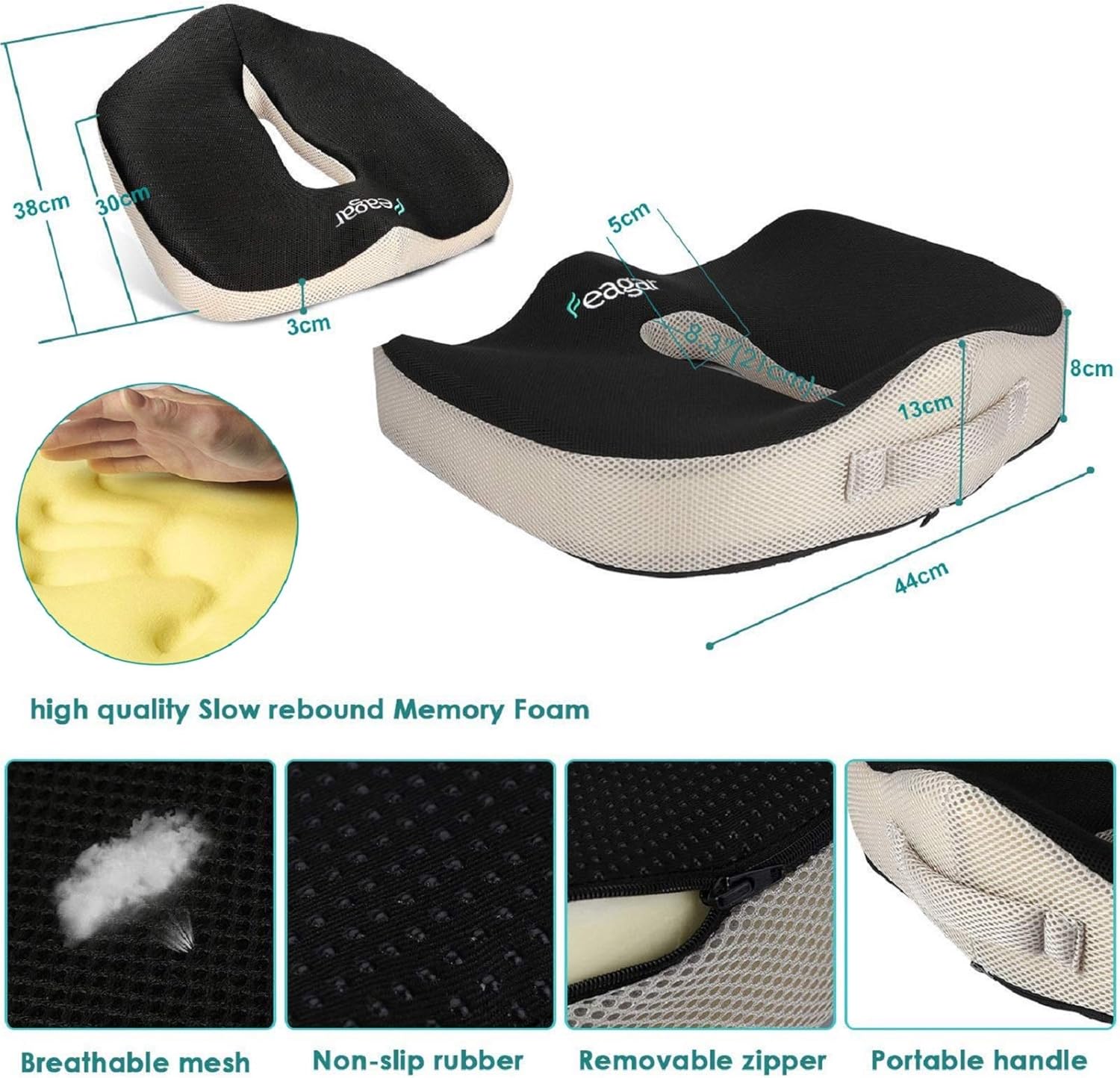 Feagar - coussin de chaise mémoire - orthopédique, siège auto, bureau, fauteuil - 45x35cm