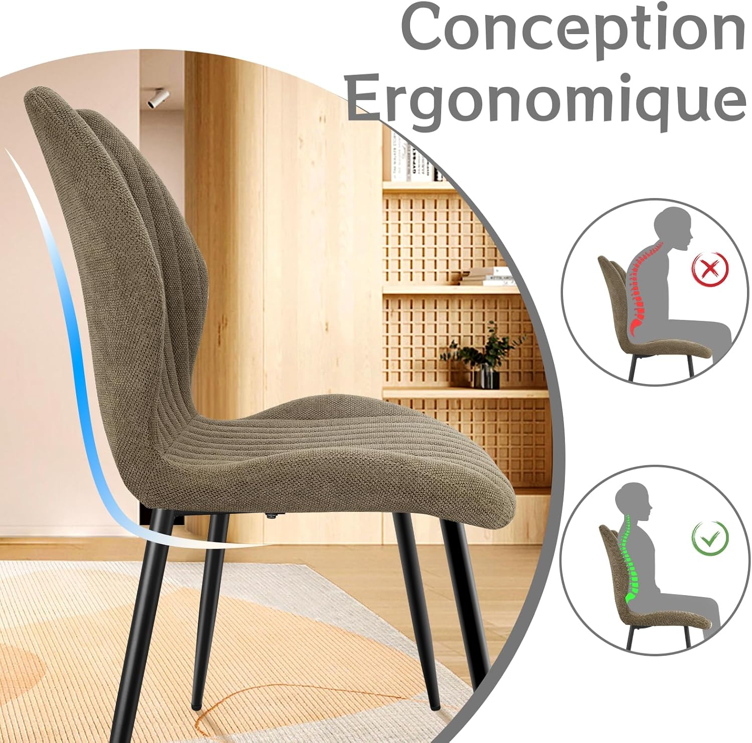 Chaises de salle à manger - tissu kaki, pieds métal, lot de 2, dossier confortable