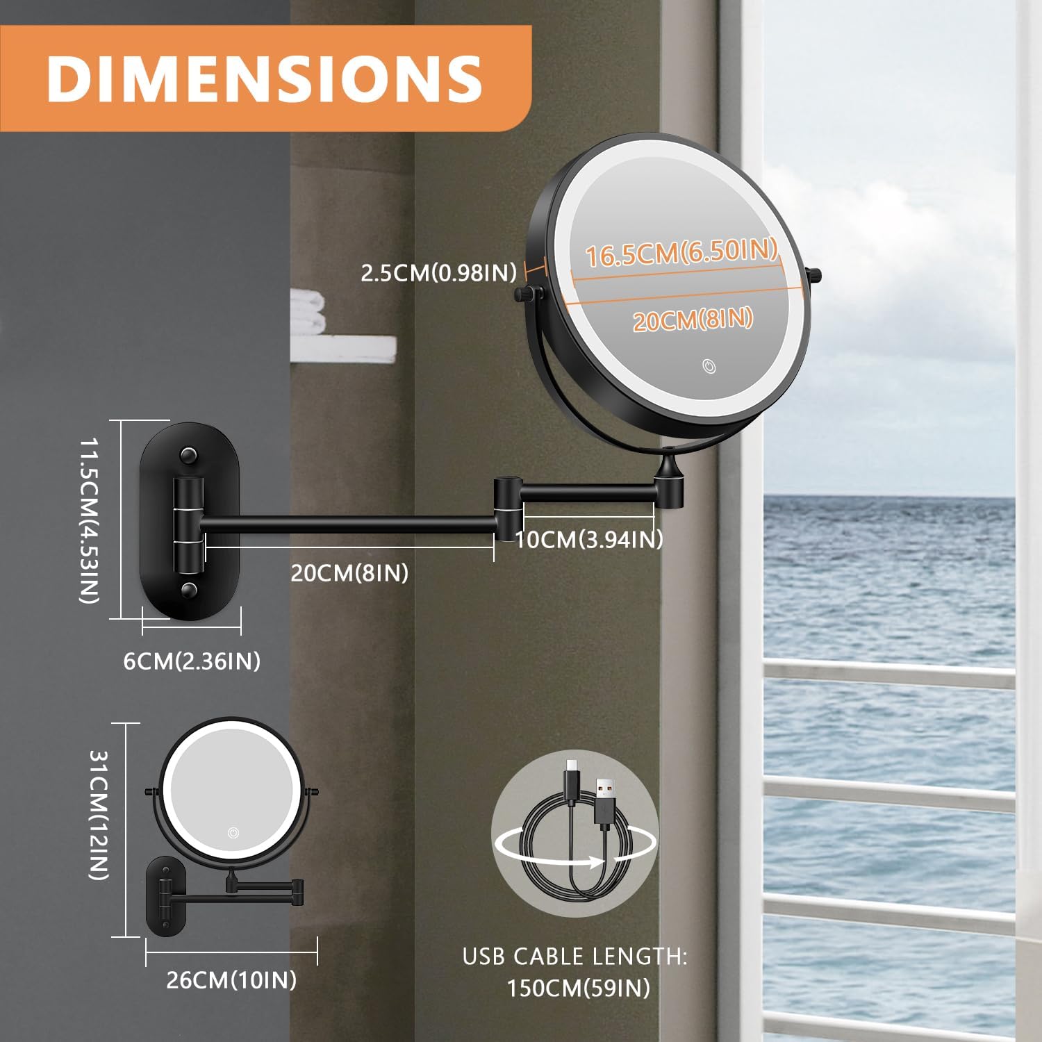 Auxmir - miroir mural série lumineuse, 8 pouces, grossissement 1X/30X, 3 couleurs, USB, écran tactile, pivotant