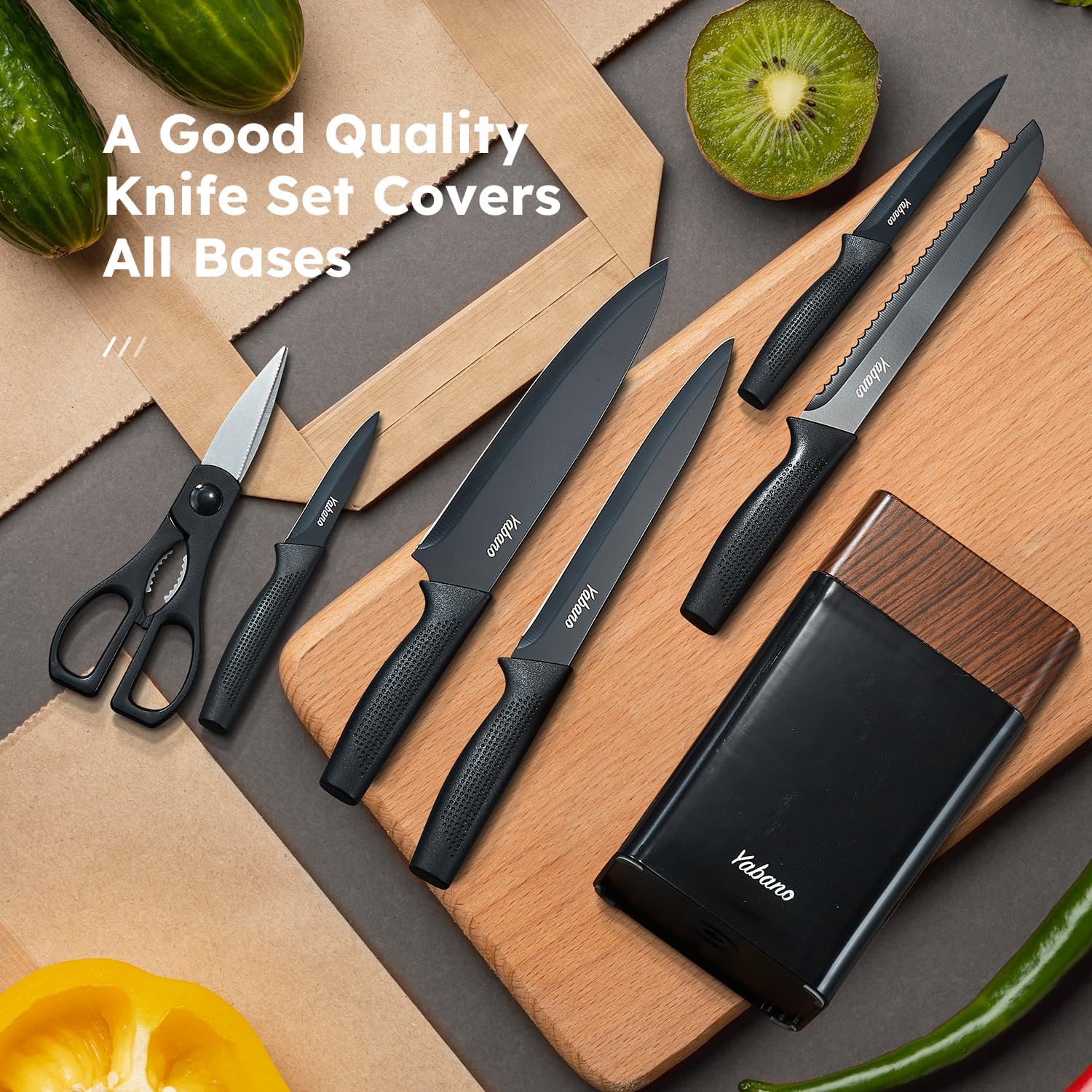 Yabano - Set 7 pièces bloc plastique, inox tranchant, anti-rouille