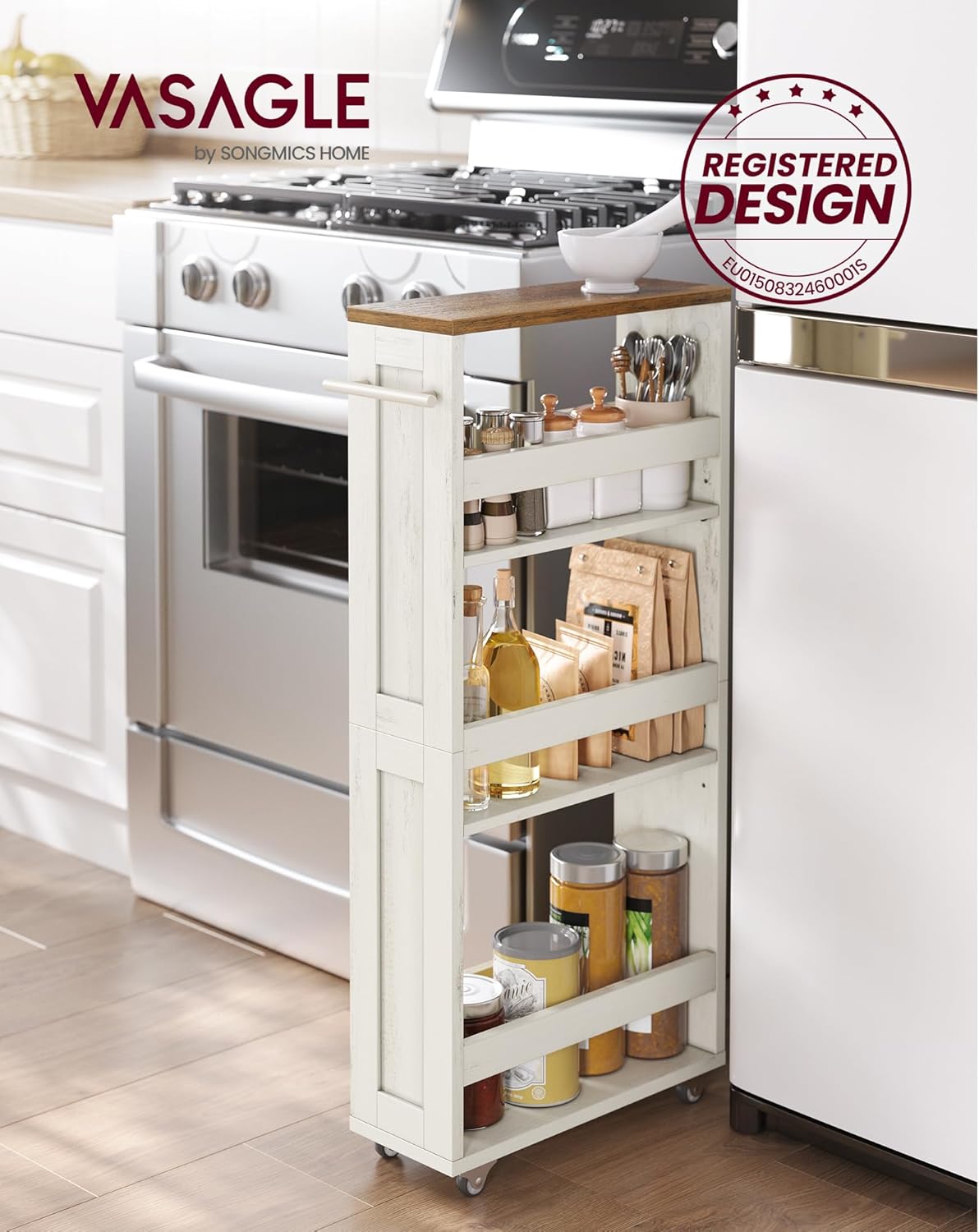 VASAGLE - chariot de rangement 4 niveaux, 15x43,2x86,5 cm, poignée et roulettes, LRC050K01