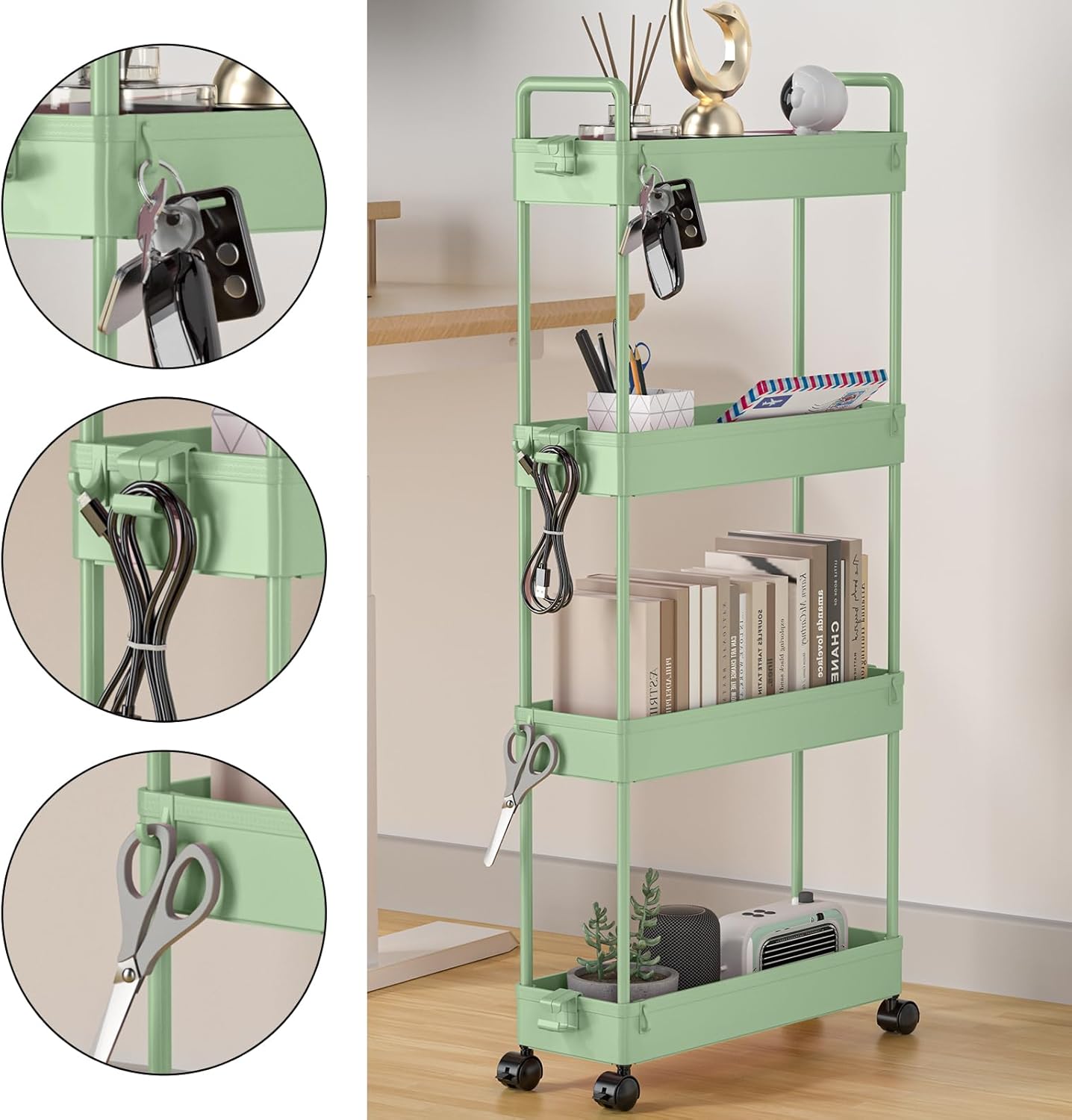 SOLEJAZZ - Chariot de rangement 4 niveaux - plastique vert, à roulettes, compact, pour espaces étroits