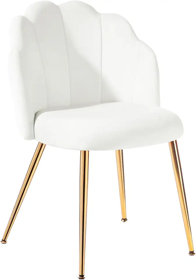 Chaise de coiffeuse - velours, pieds métal doré - design coquillage, adulte, chambre, beige/blanc