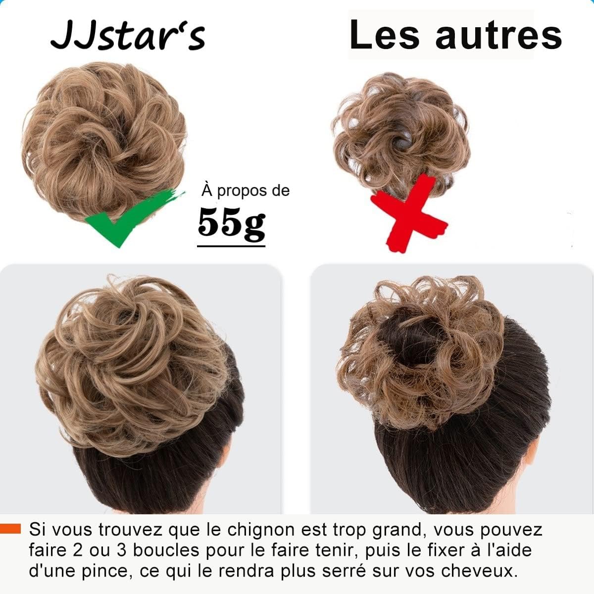 JJstar - Chignon postiche bouclé, élastique, gris argenté, cheveux naturels