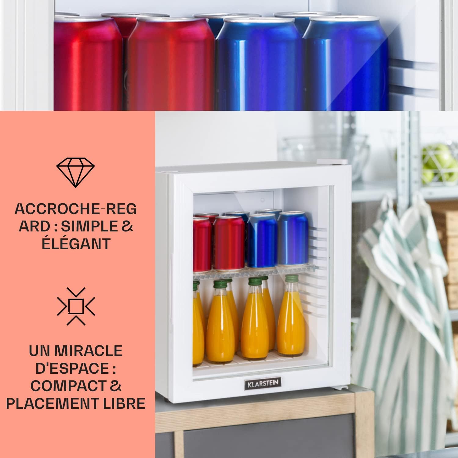 Klarstein - Brooklyn - mini frigo 23L, porte vitrée, 12-18°C, silencieux