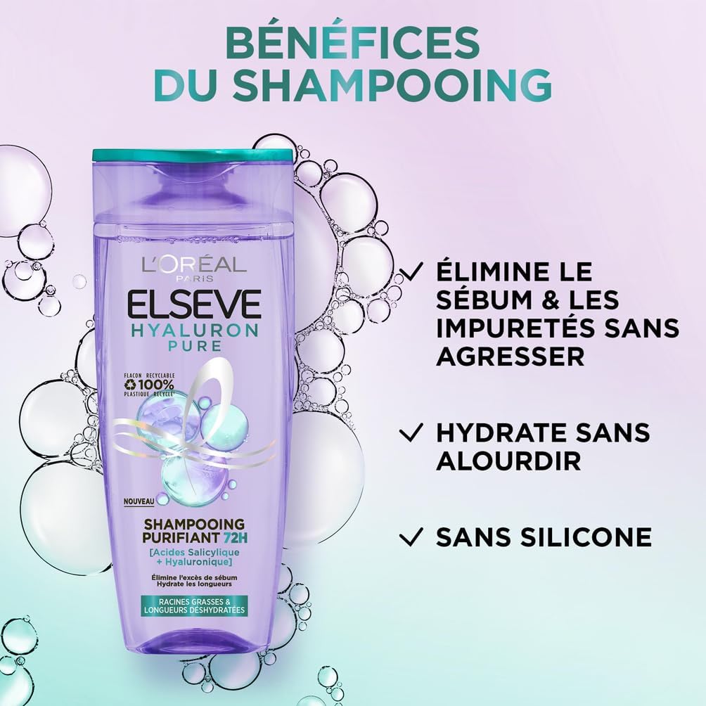 L'Oréal - Elseve Hyaluron Pure - 300 ml - Shampooing purifiant acide salicylique/hyaluronique, 72H cuir chevelu gras
