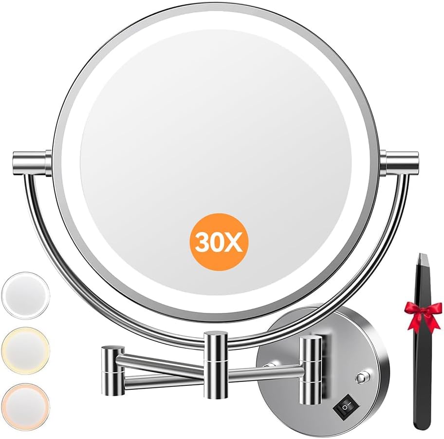 Auxmir - miroir mural série lumineuse - 8 pouces - 1X/30X grossissant, 3 couleurs, tactile, 360° pivotant, branchement E
