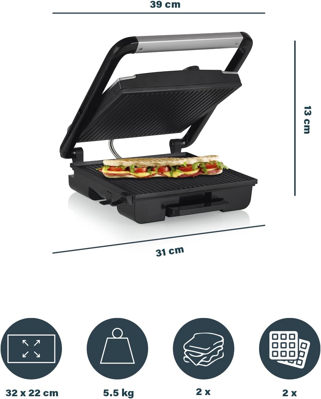 Princess – Appareil à paninis, brossé, 30x27cm, 2 portions, 2000W