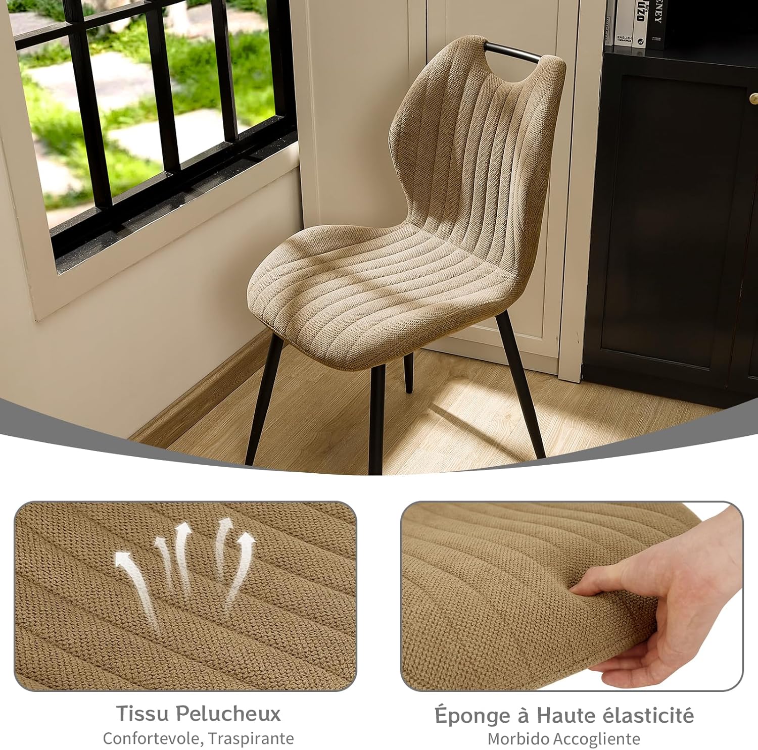 Chaises de salle à manger - tissu kaki, pieds métal, lot de 2, dossier confortable