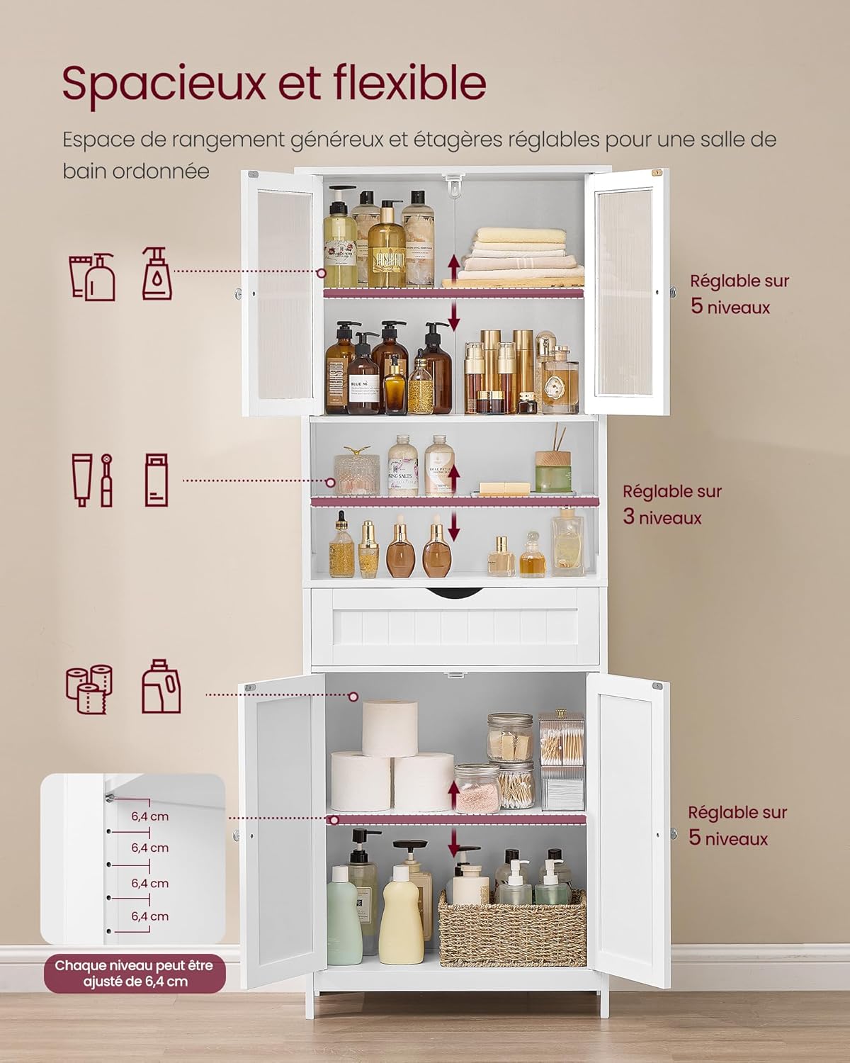 VASAGLE - armoire de rangement salle de bain, étagères réglables, tiroir, blanc, BBC768W01