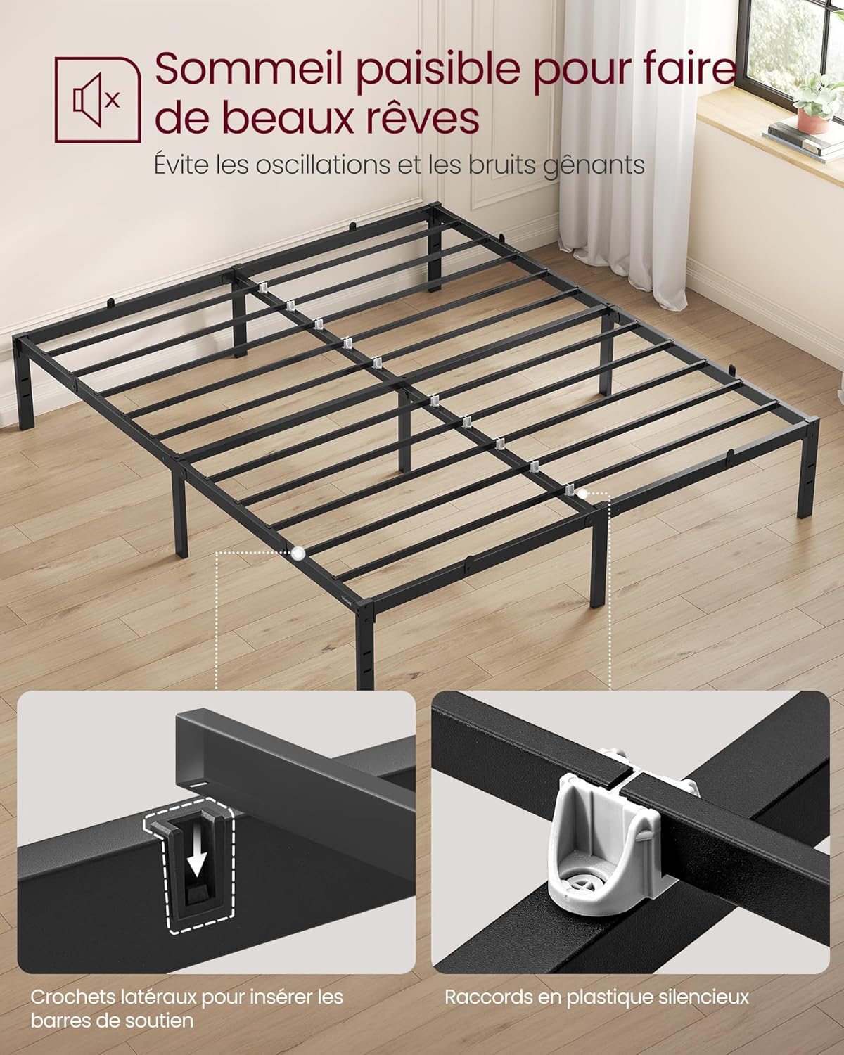 VASAGLE - cadre de lit moderne 160x200 cm, métal, rangement sous le lit, RMB135B01