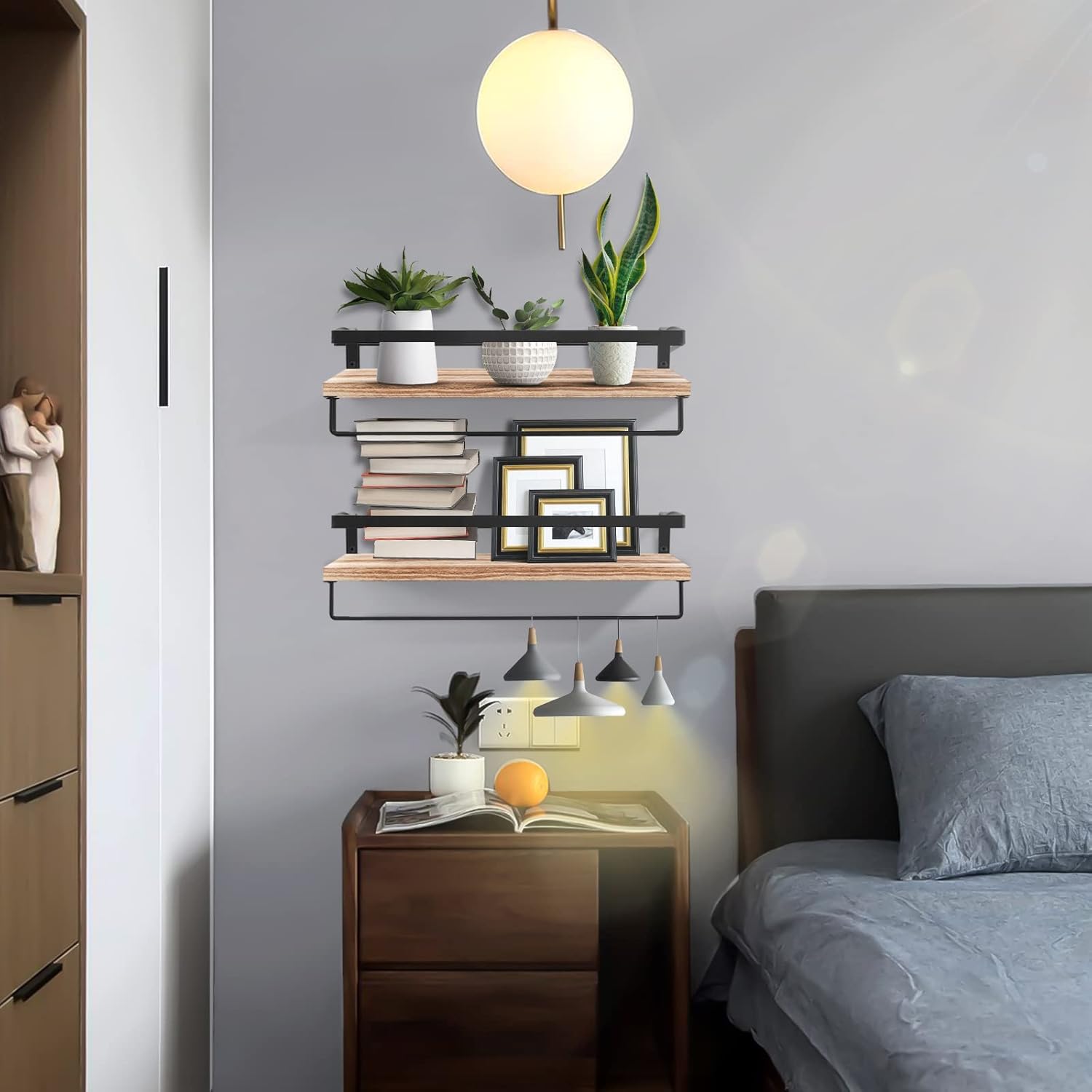 AGM - étagère murale lot de 2 - bois, 40x15cm, 15kg, crochets et porte-serviettes