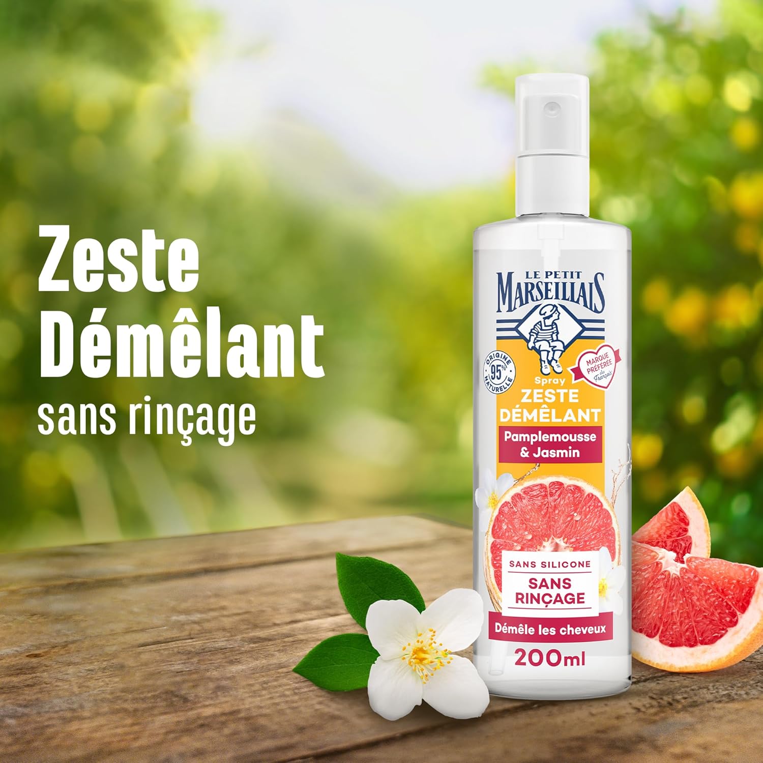 Le Petit Marseillais - Spray Zeste Démêlant 200ml - pamplemousse jasmin, soin sans rinçage, 95% naturel, sans silicone