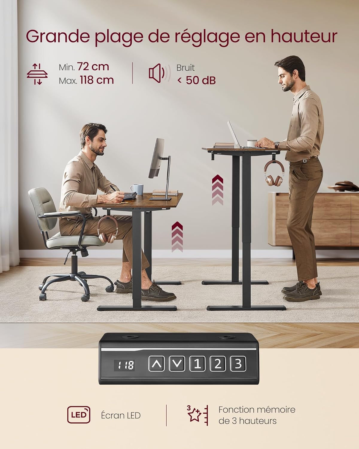 VASAGLE - cadre bureau réglable, acier, 3 mémoires, noir, LSD021B01V2