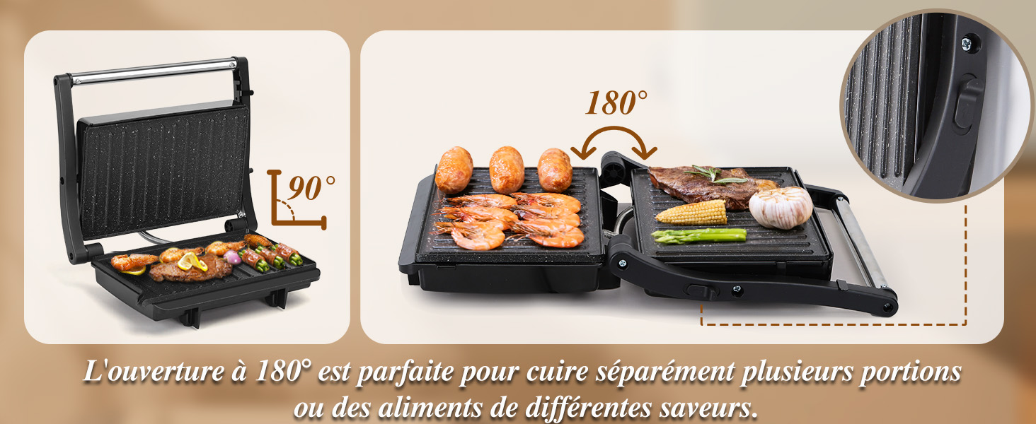avec ouverture réglable à 180 degrés. Plusieurs panneaux montrent la cuisson de divers aliments. Le texte indique qu'il est parfait pour cuire différentes portions ou saveurs séparément.