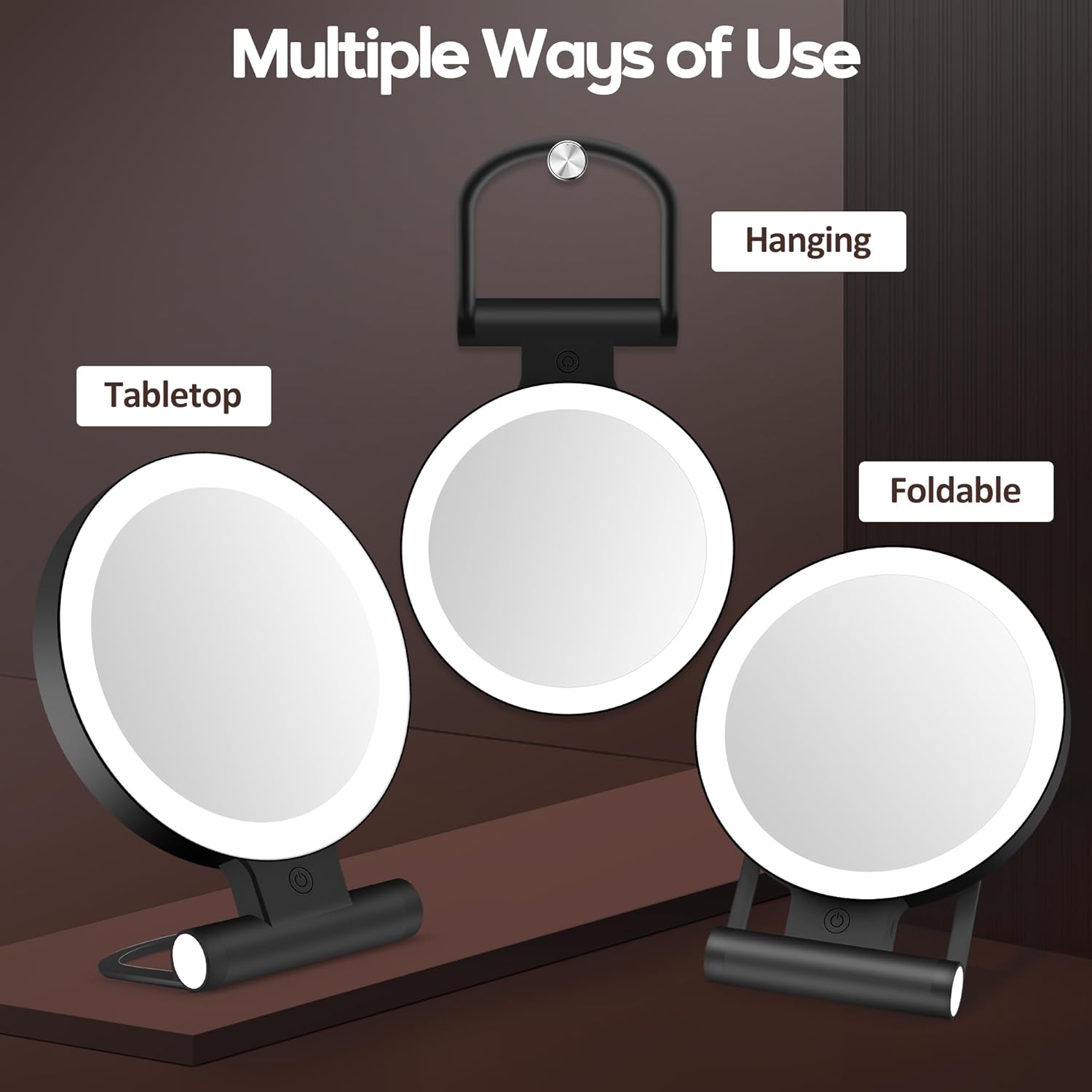 Miroir de maquillage - double face 1X/30X, 2000mAh, 3 lumières, compact