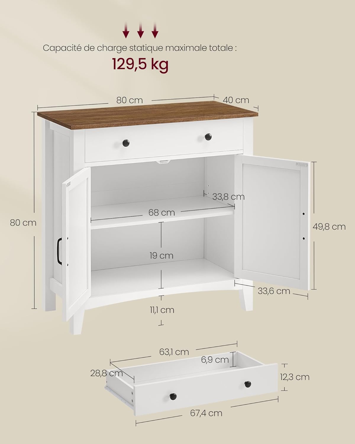 VASAGLE - buffet campagne, 40x80x80 cm, tiroir, étagère, portes, BBK341W02