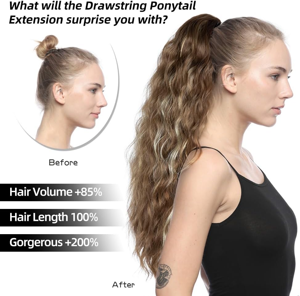 Extension cheveux naturel - ponytail 66cm - ondulée, cordon, couleur 1B#