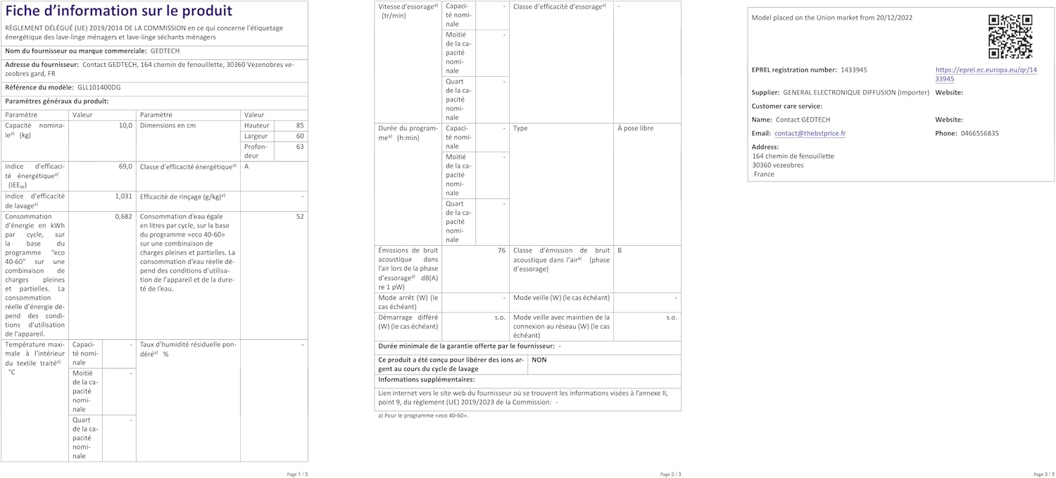 GEDTECH - Lave-linge frontal 10kg, 1400tr/mn, 16 programmes, A-10%, GLL101400DG