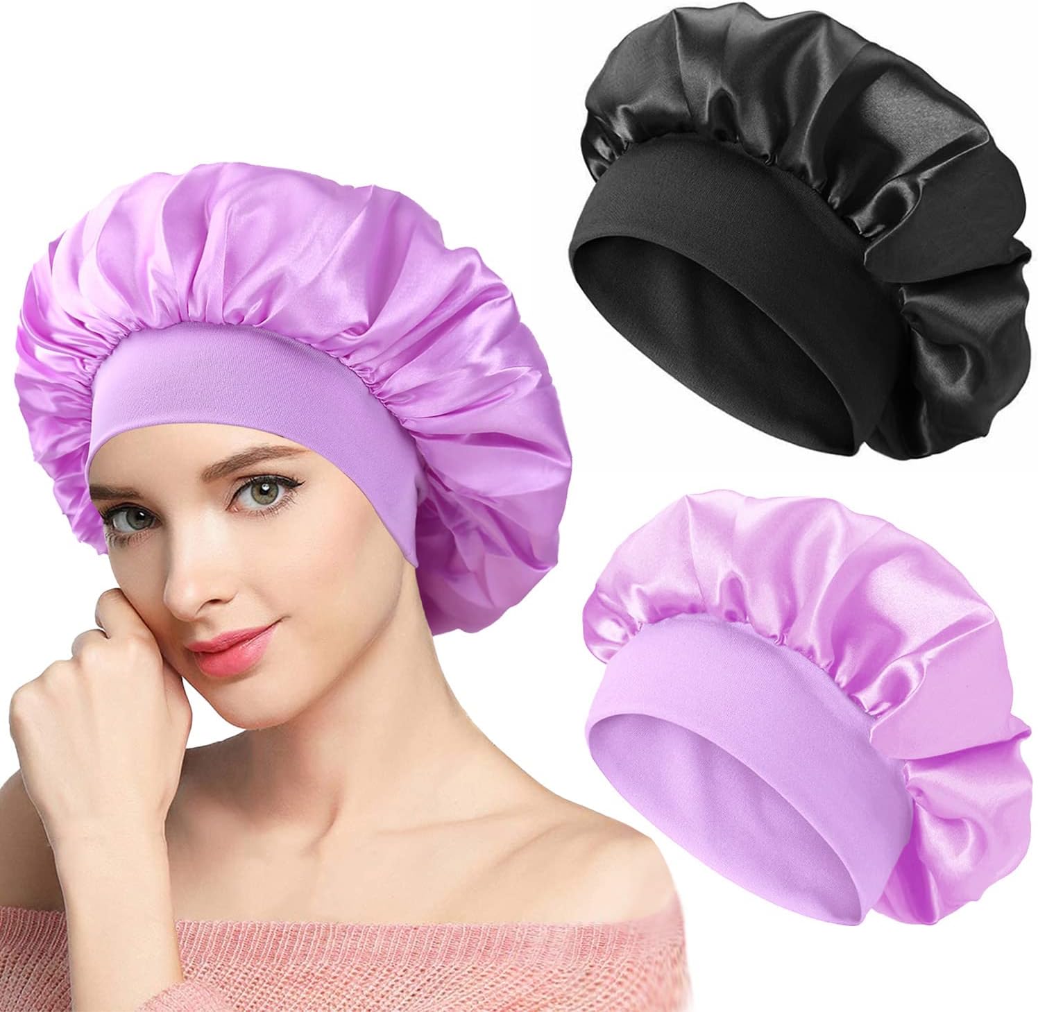 Bonnet de nuit satin femme - lot de 2 - soyeux, protection cheveux