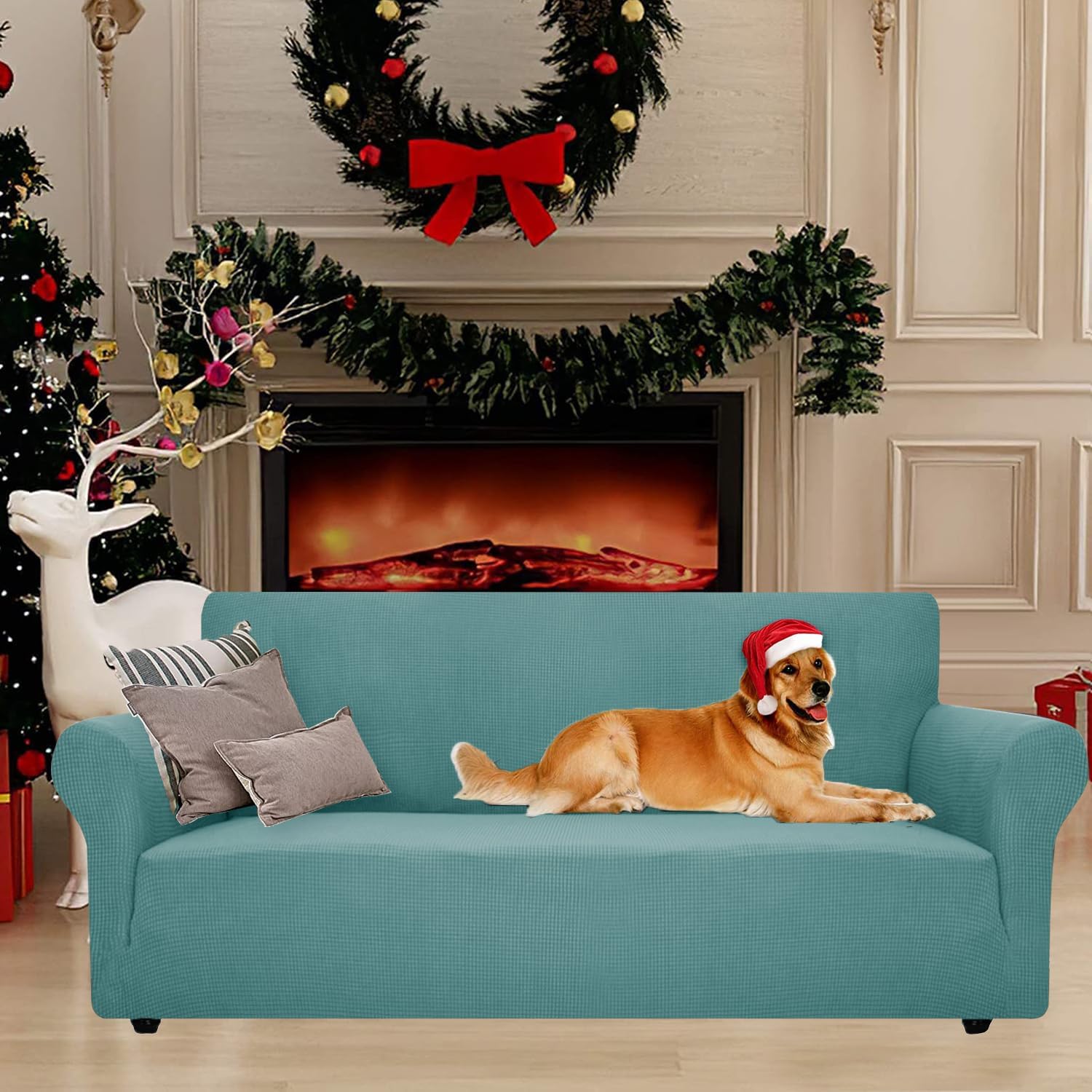 Housse canapé extensible 3 places - accoudoirs - anti-glisse, lavable, bleu clair