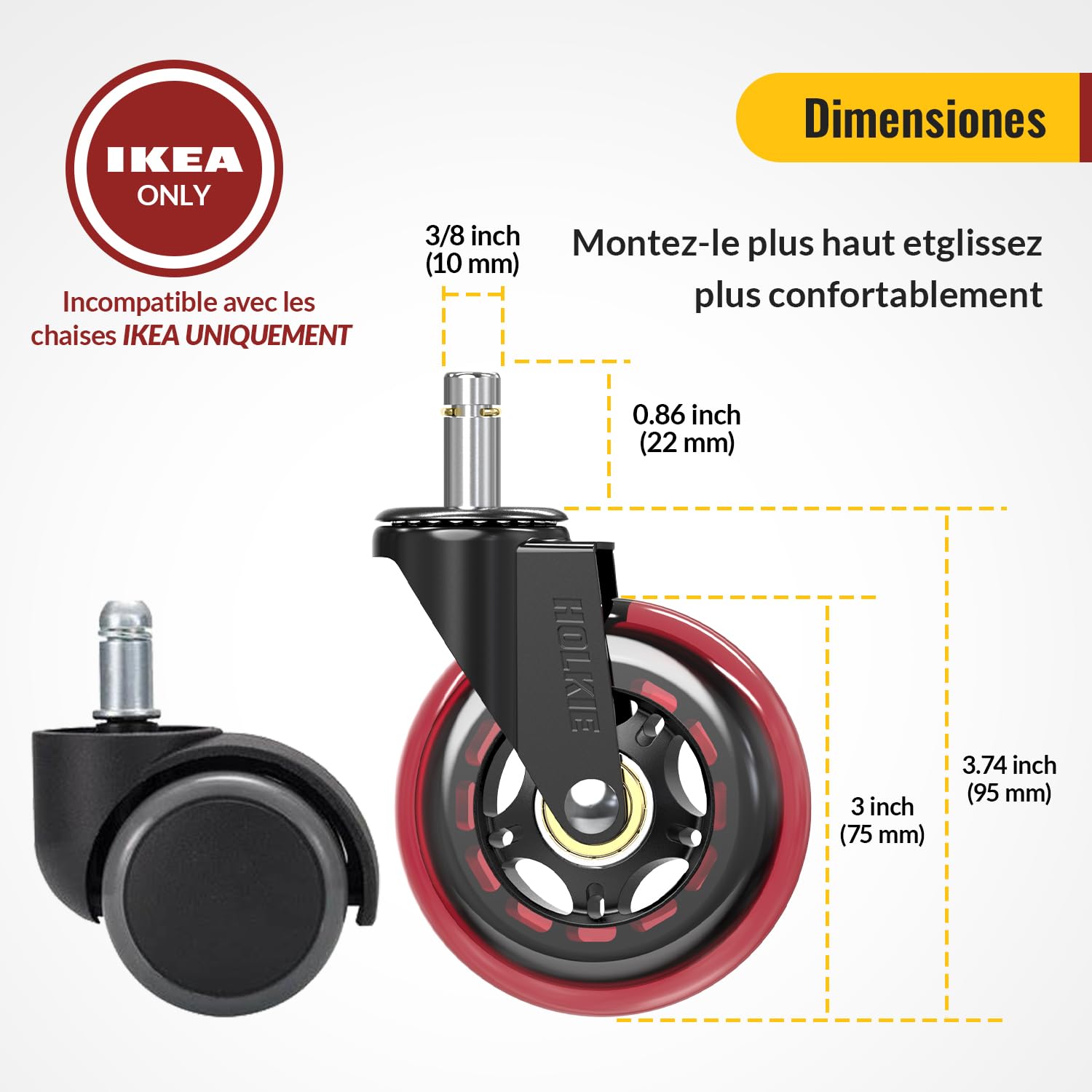 HOLKIE - roulettes chaise bureau - 10x22mm - lot de 5, caoutchouc, rouge, compatible bois/tapis