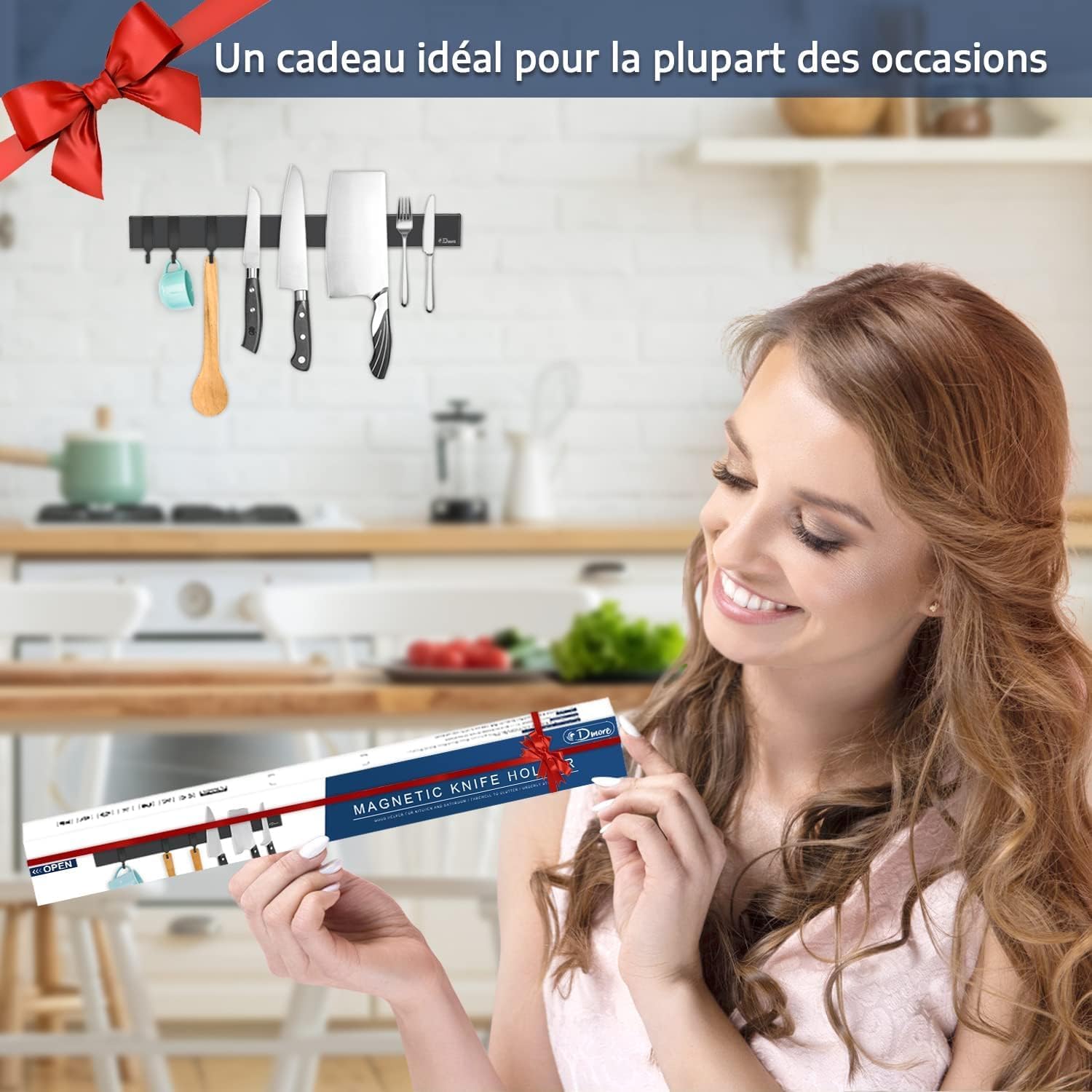 Dmore - porte couteaux aimanté, 40cm, 3 crochets, fixation adhésive
