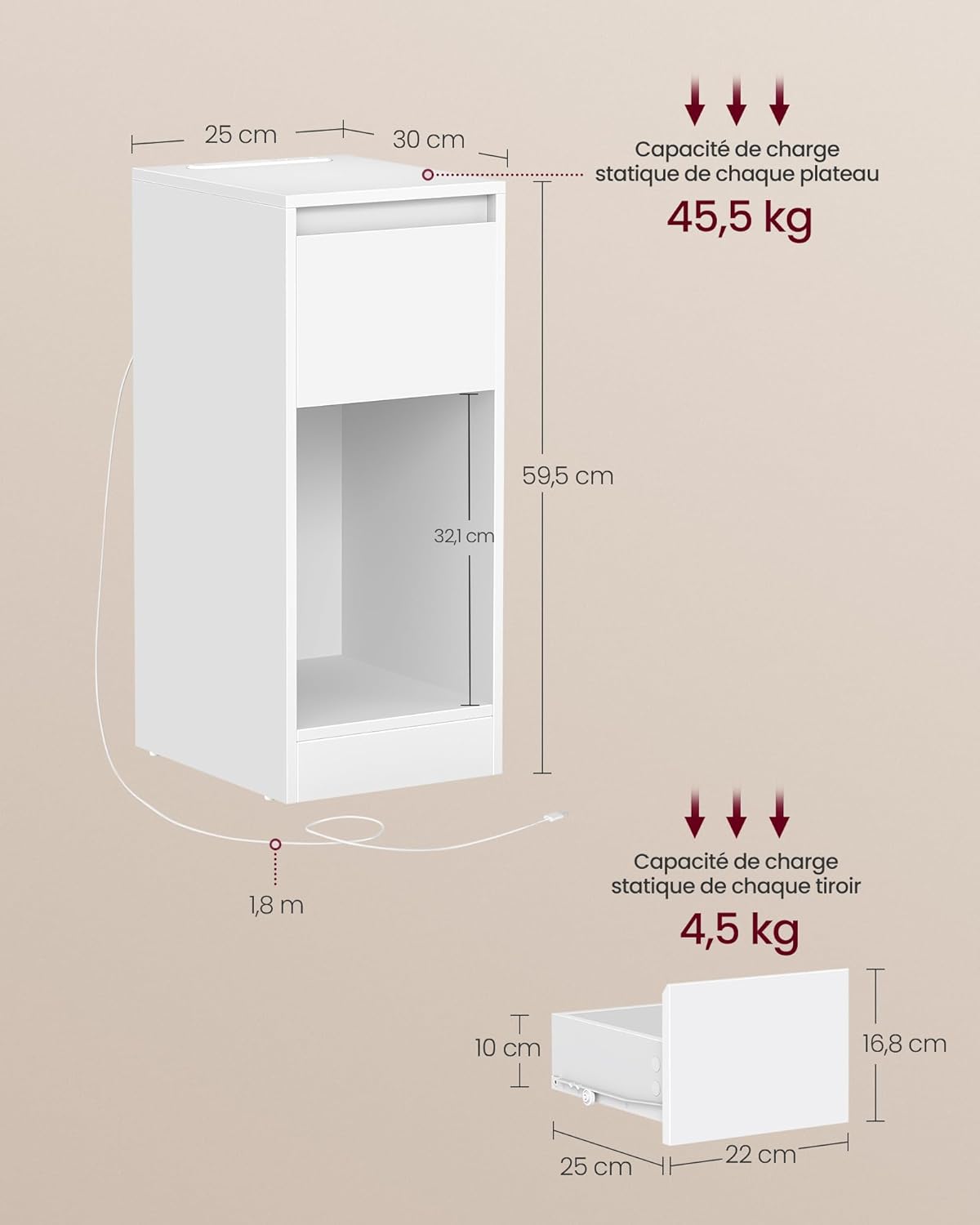 VASAGLE - table de chevet lot de 2, LED, USB, tiroirs, blanc, LET710W01