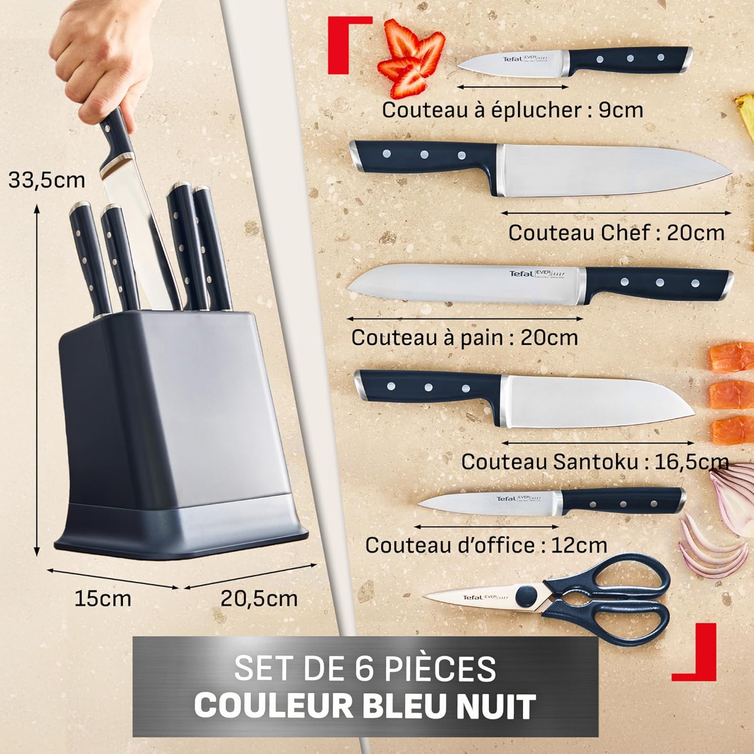 Tefal – EverSharp 6 pièces – Bloc couteaux affûteur intégré, K297S744