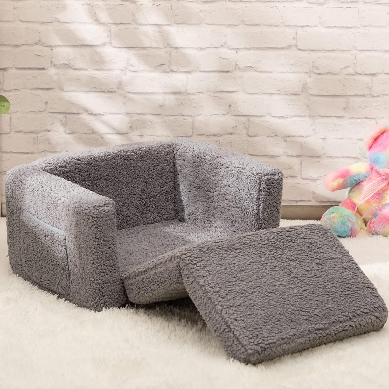 BEJOY - fauteuil enfant convertible 2-en-1, tissu Sherpa, gris, confortable