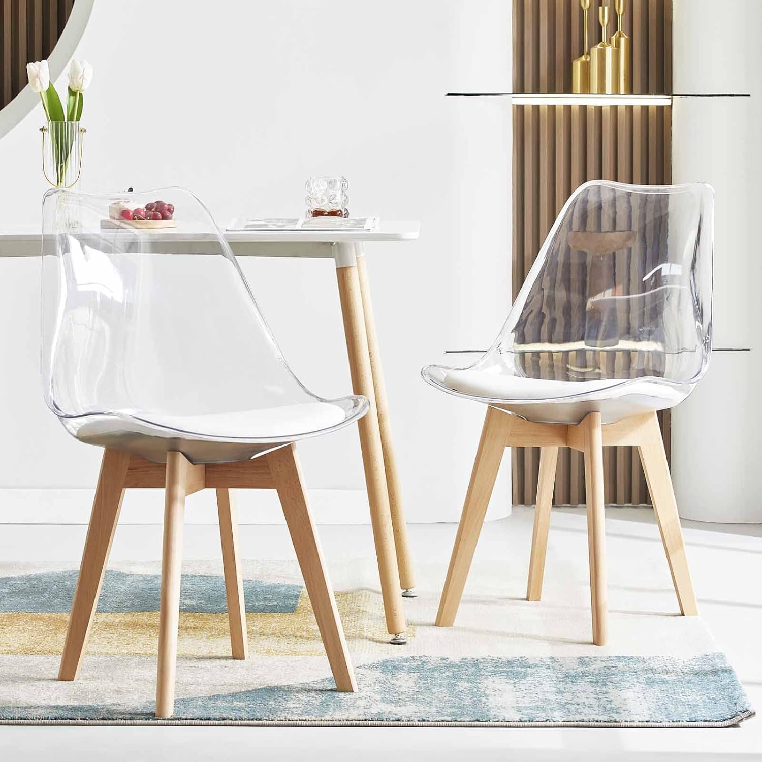 EGGREE - chaises scandinaves lot 8 - bois hêtre - coussin cuir blanc, dossier transparent, testées SGS