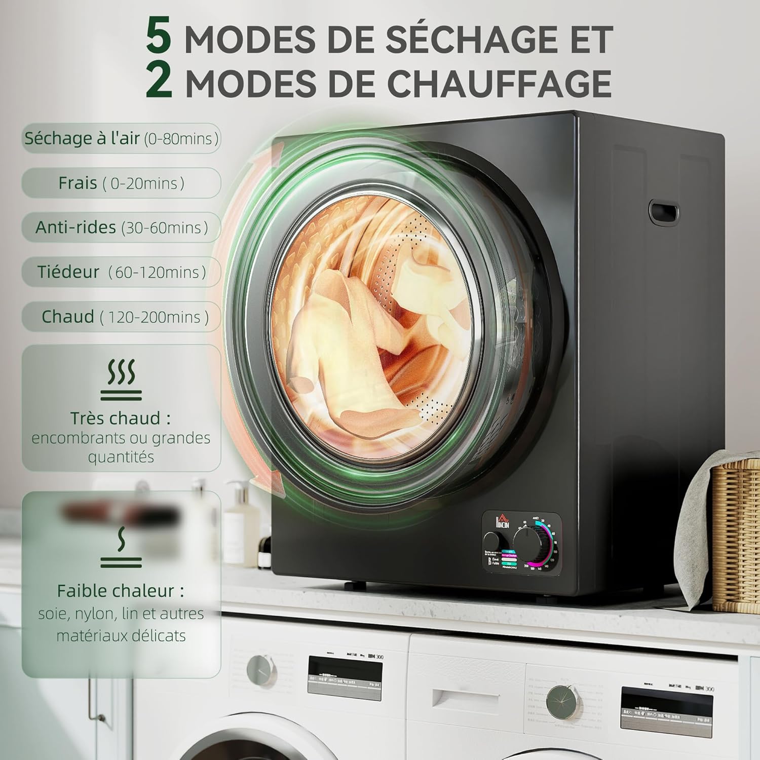 HOMCOM - sèche-linge portable 2,5kg - 850W, 4 modes, inox, mural