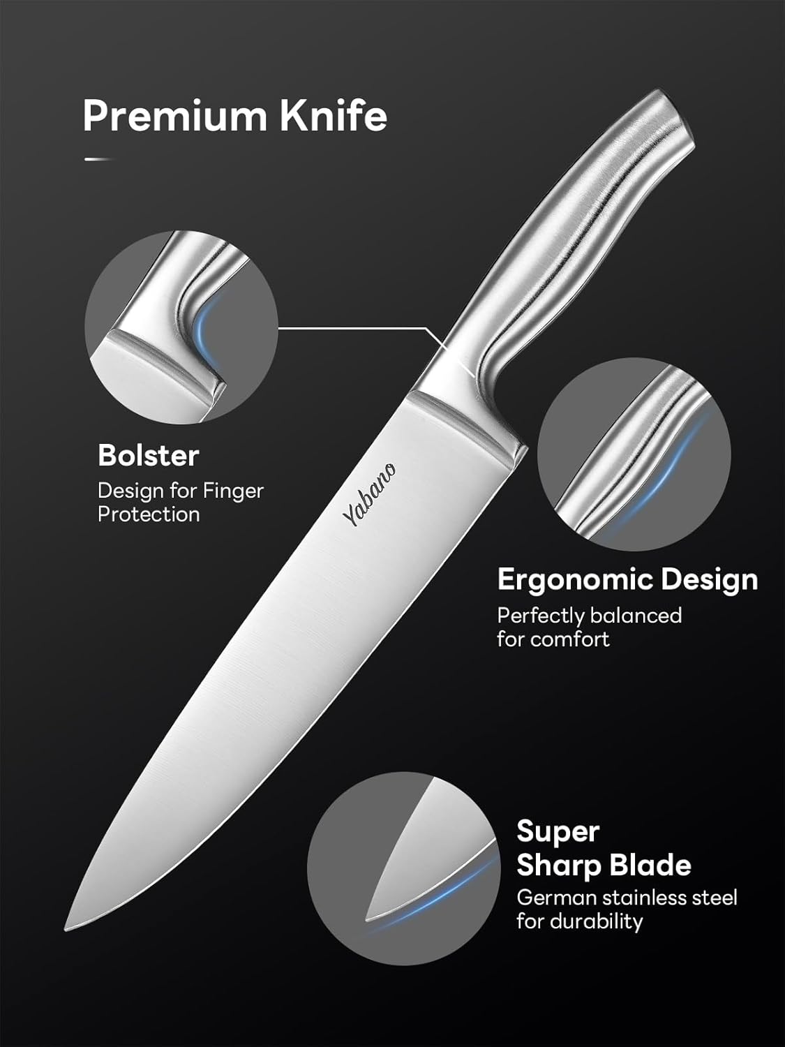 Yabano - Bloc couteaux 7 pièces inox allemand, aiguiseur, ciseaux inclus